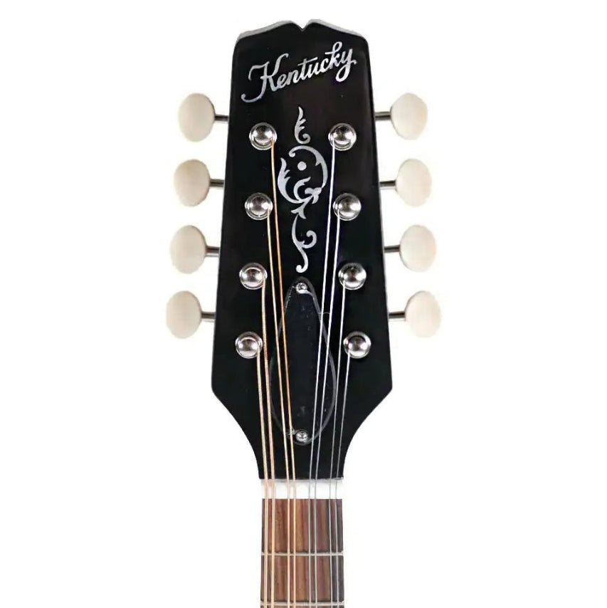 Kentucky KM-272 A-Model mandolin headstock with black finish, white tuning pegs, and engraved logo.