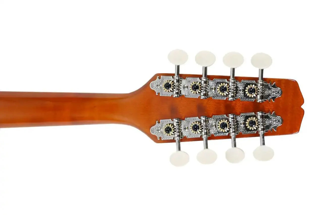 Kentucky KM-272 Amber A-Model Mandolin headstock with nickel-plated tuners and white buttons.