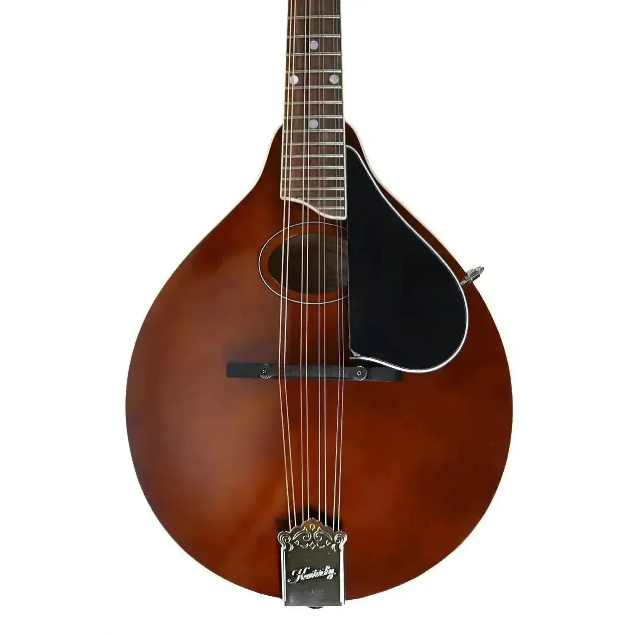 Kentucky KM-276 Deluxe A-Model mandolin with transparent brown finish, oval hole, and black pickguard.