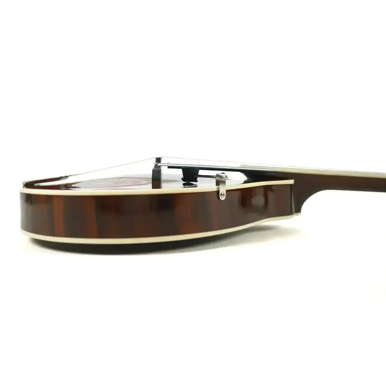 Kentucky KM-276 A-Model mandolin side view, showing transparent brown finish, white binding, and nickel tailpiece.