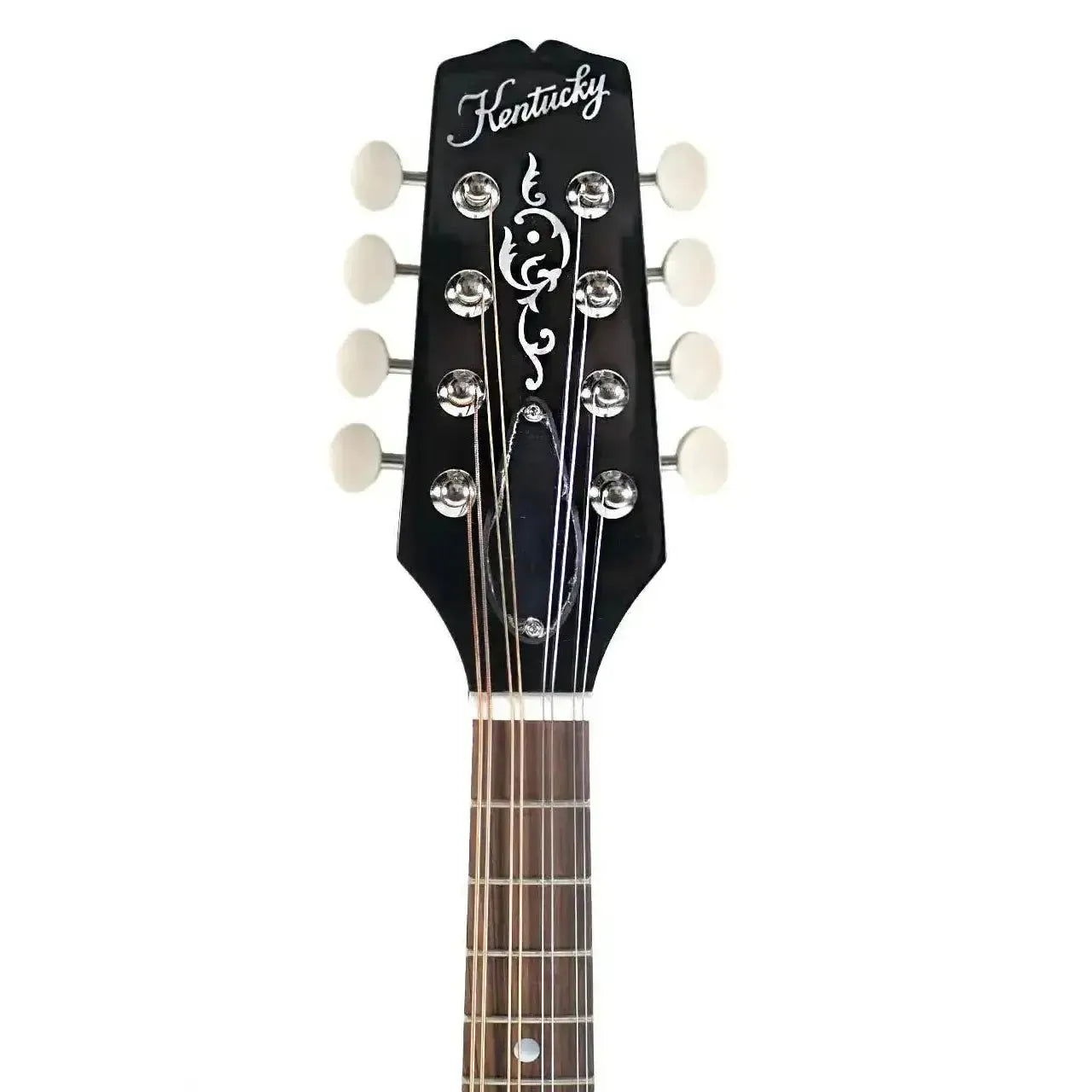Kentucky KM-276 A-Model mandolin headstock with black finish, white tuners, and ornate logo.