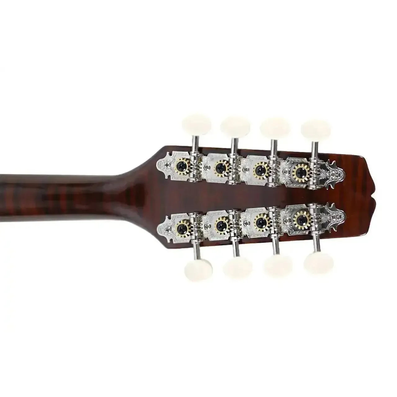 Kentucky KM-276 A-Model mandolin headstock with transparent brown finish, nickel tuners, and white buttons.