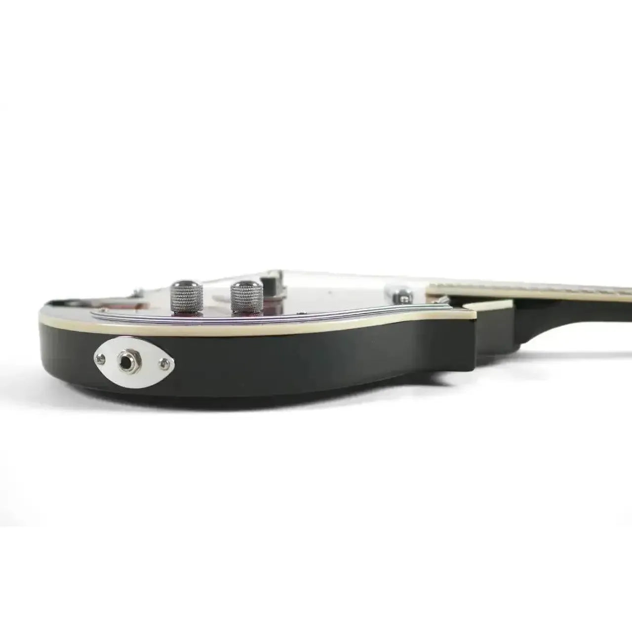 Side view of a Kentucky KM-300E electric mandolin body, showing the black finish, input jack, and control knobs.