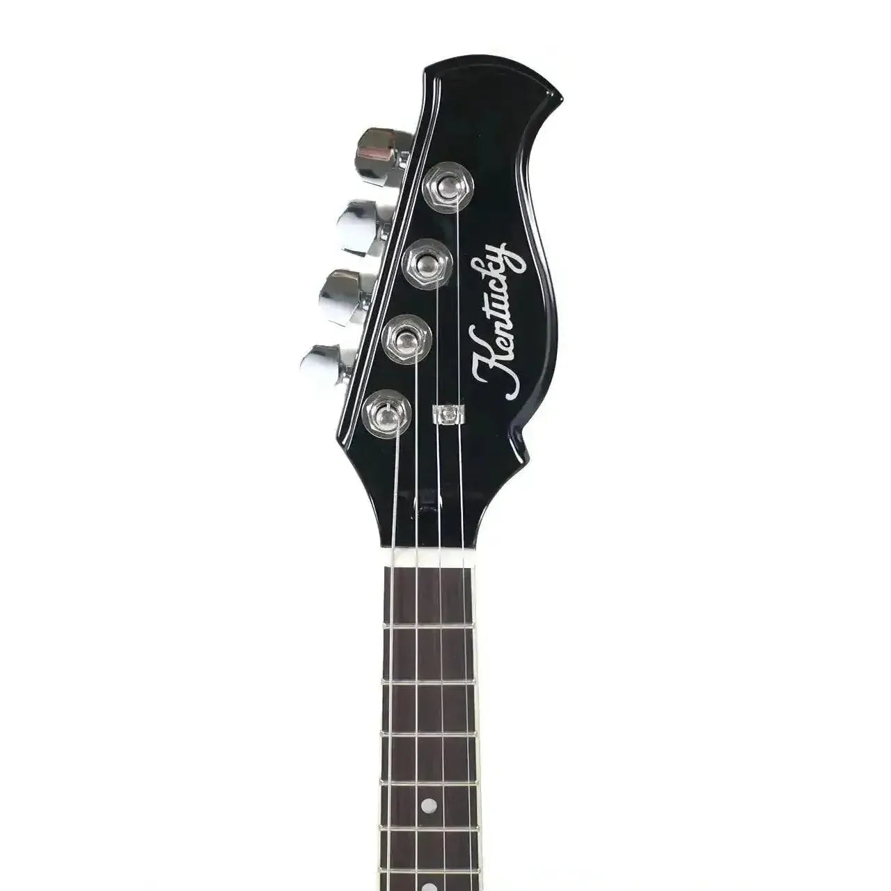Kentucky KM-300E electric mandolin headstock with white pearl logo, chrome tuners, and rosewood fretboard.
