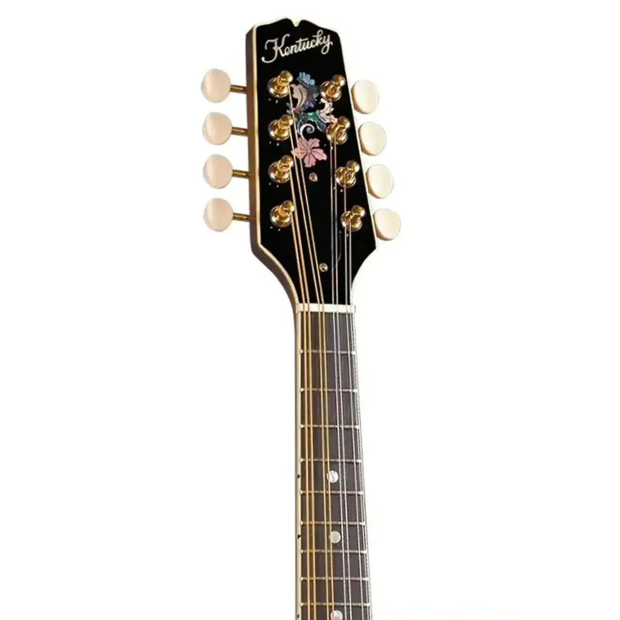 Kentucky KM-500 A-Model mandolin headstock with black finish, floral inlay, and white tuning pegs.