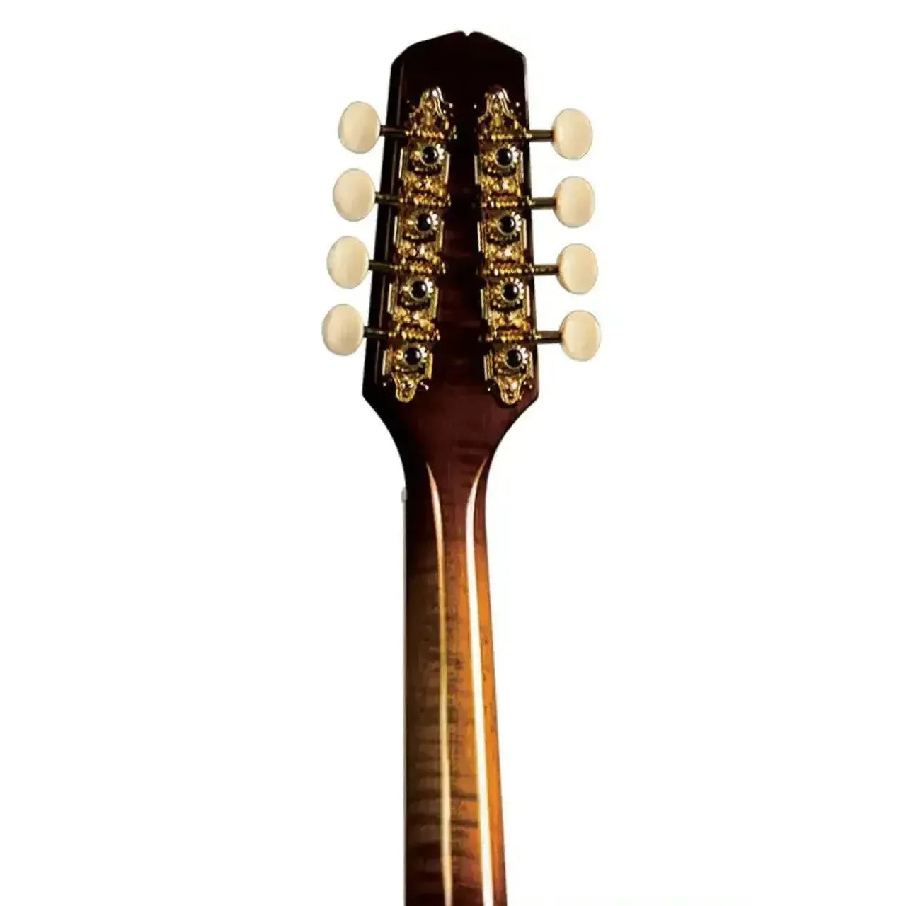 Kentucky KM-500 mandolin headstock with gold tuners, cream buttons, and a dark vintage sunburst finish.