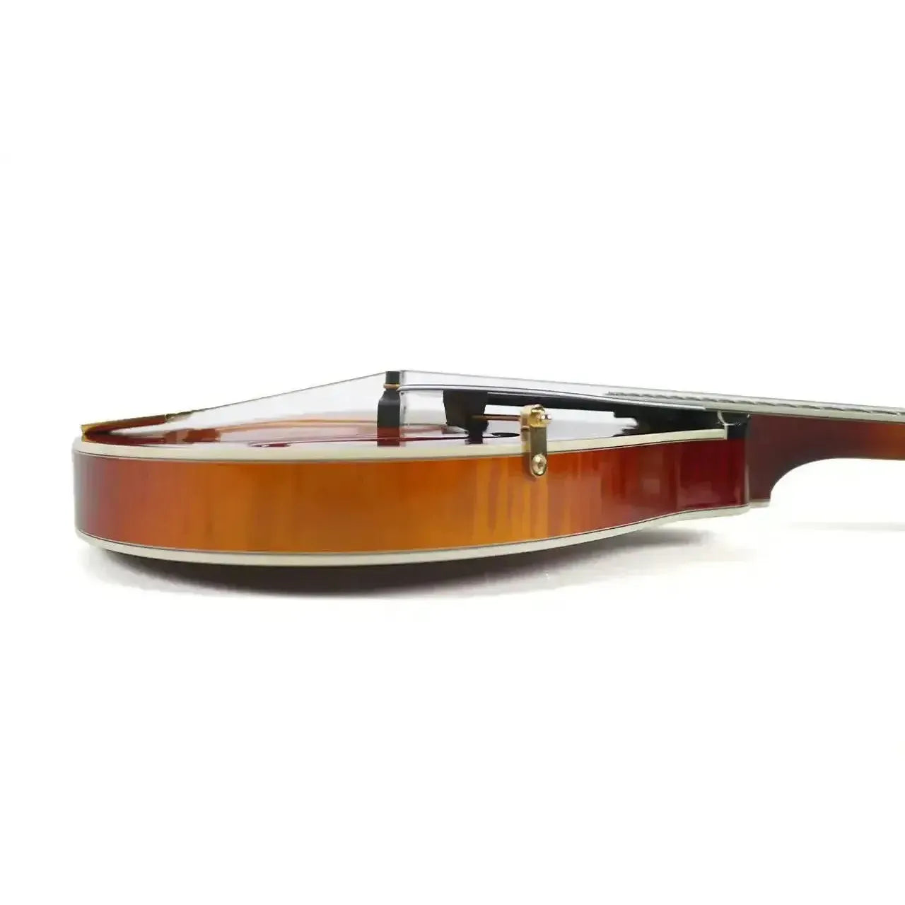 Side view of a Kentucky KM-505 Amberburst A-Model Mandolin, showing its high-gloss finish and body depth.