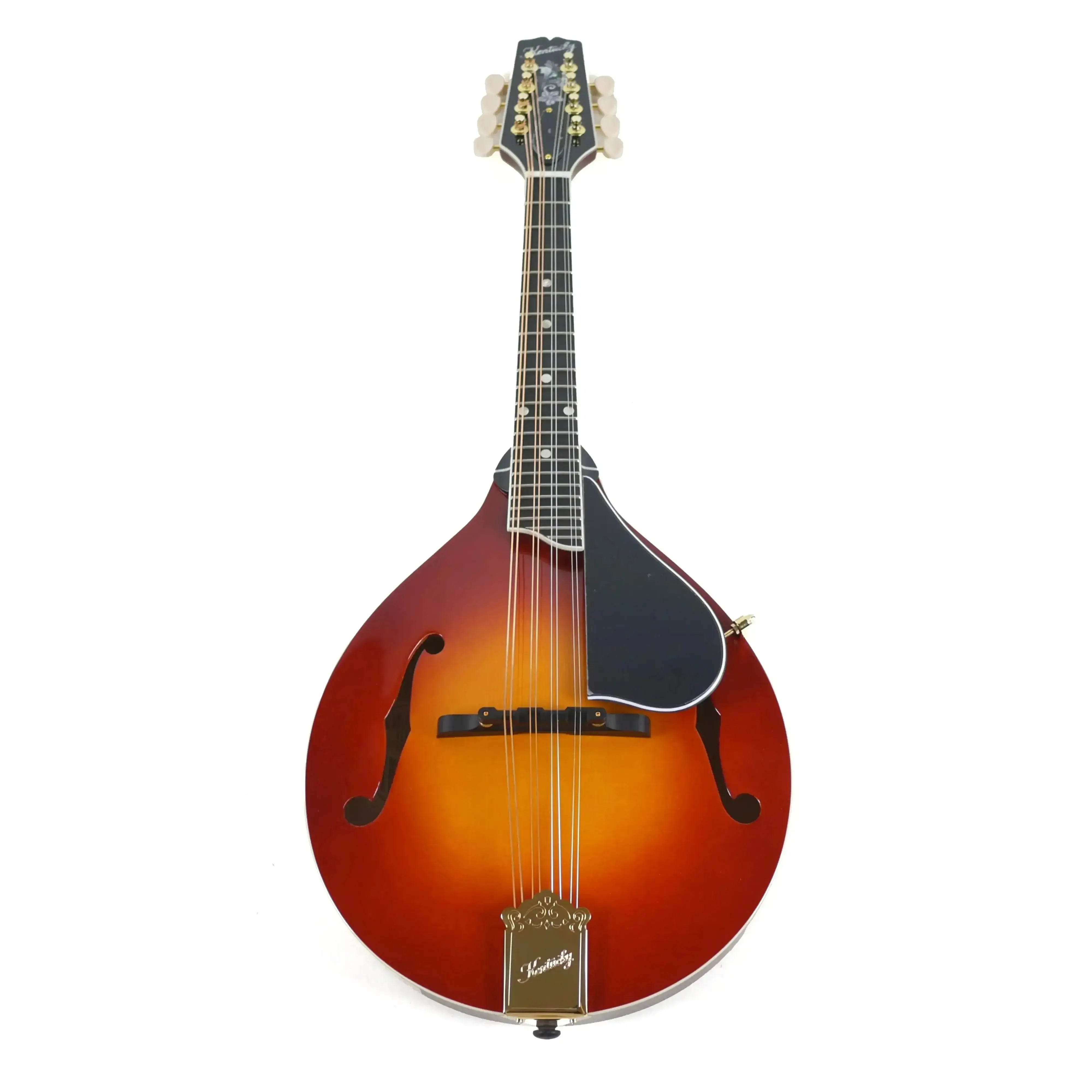 Kentucky KM-505 Amberburst A-Model Mandolin with gold hardware and black pickguard.