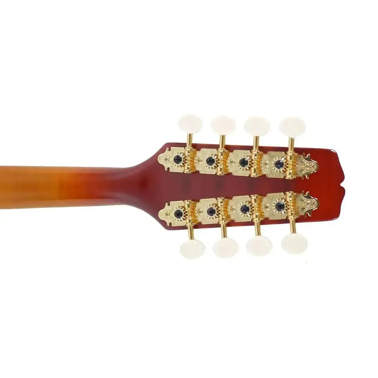 Kentucky KM-505 mandolin headstock with amberburst finish, gold-plated tuners, and ivoroid buttons.