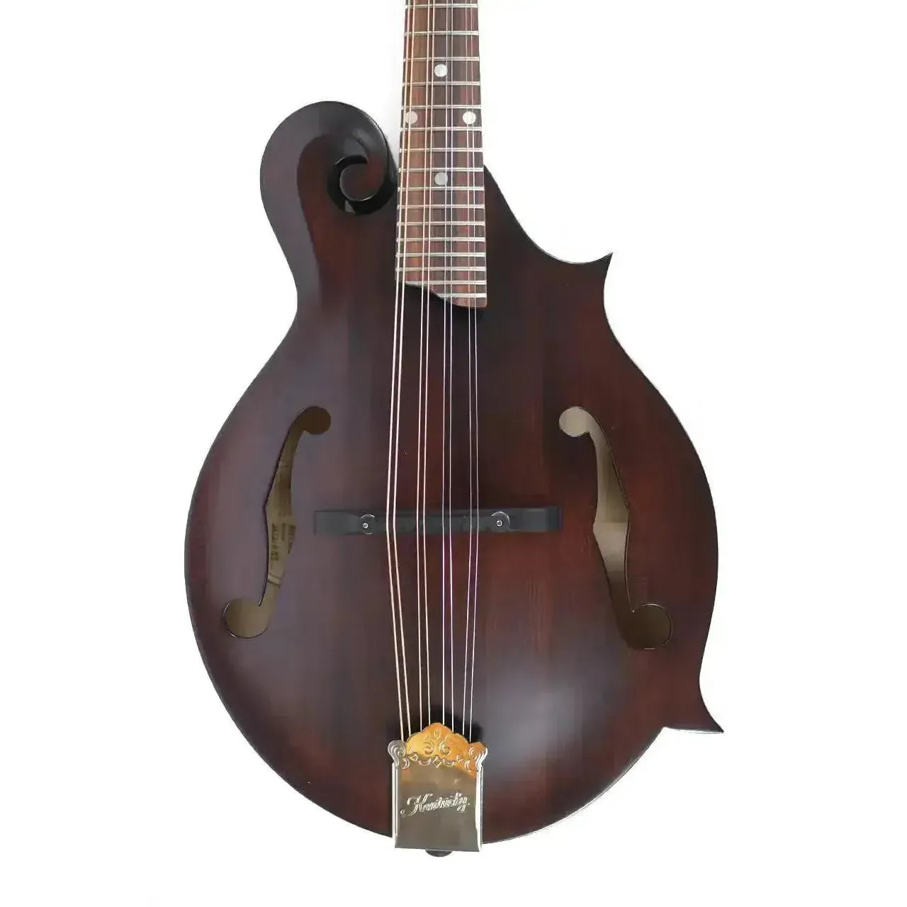 Kentucky KM-606 F-Model mandolin with satin brown finish, f-holes, and engraved nickel-plated tailpiece.