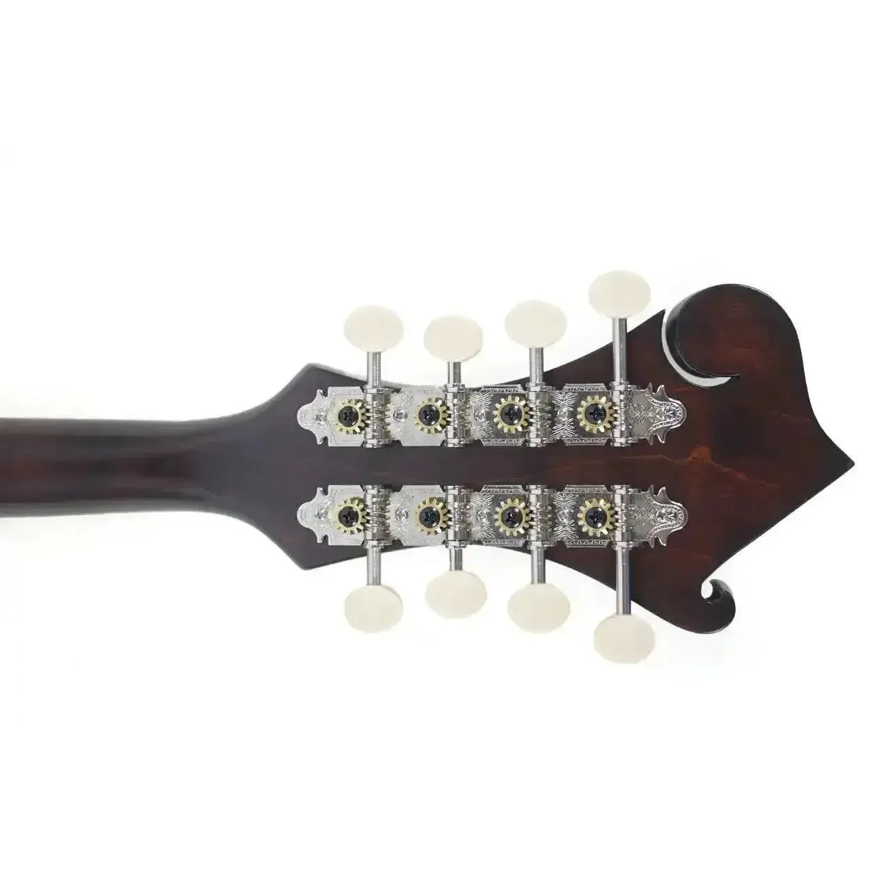Back of a Kentucky KM-606 F-Model mandolin headstock with satin brown finish and nickel-plated tuners.