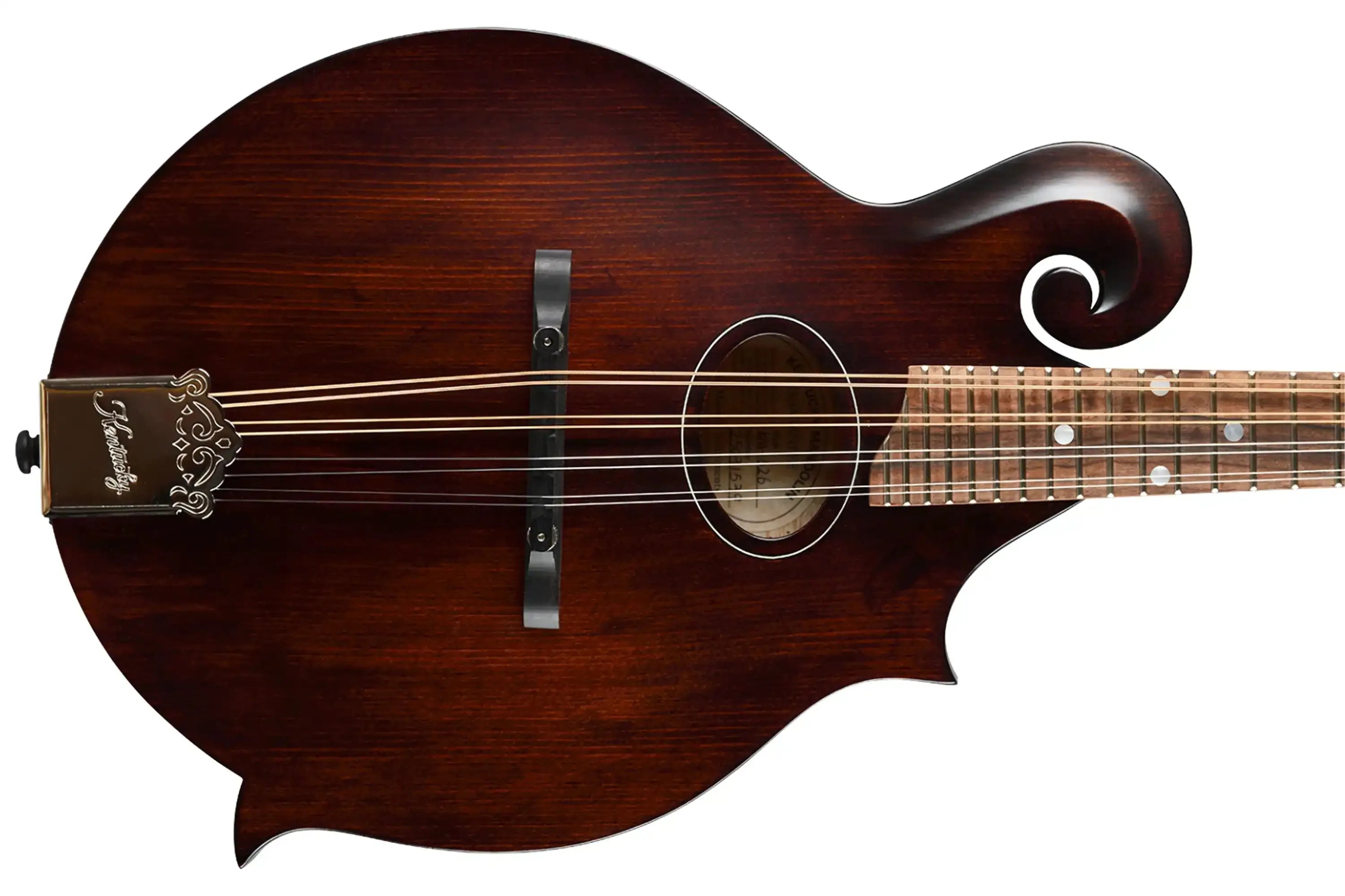Kentucky KM-626 F-Model mandolin in satin brown with an oval soundhole and rosewood fingerboard.