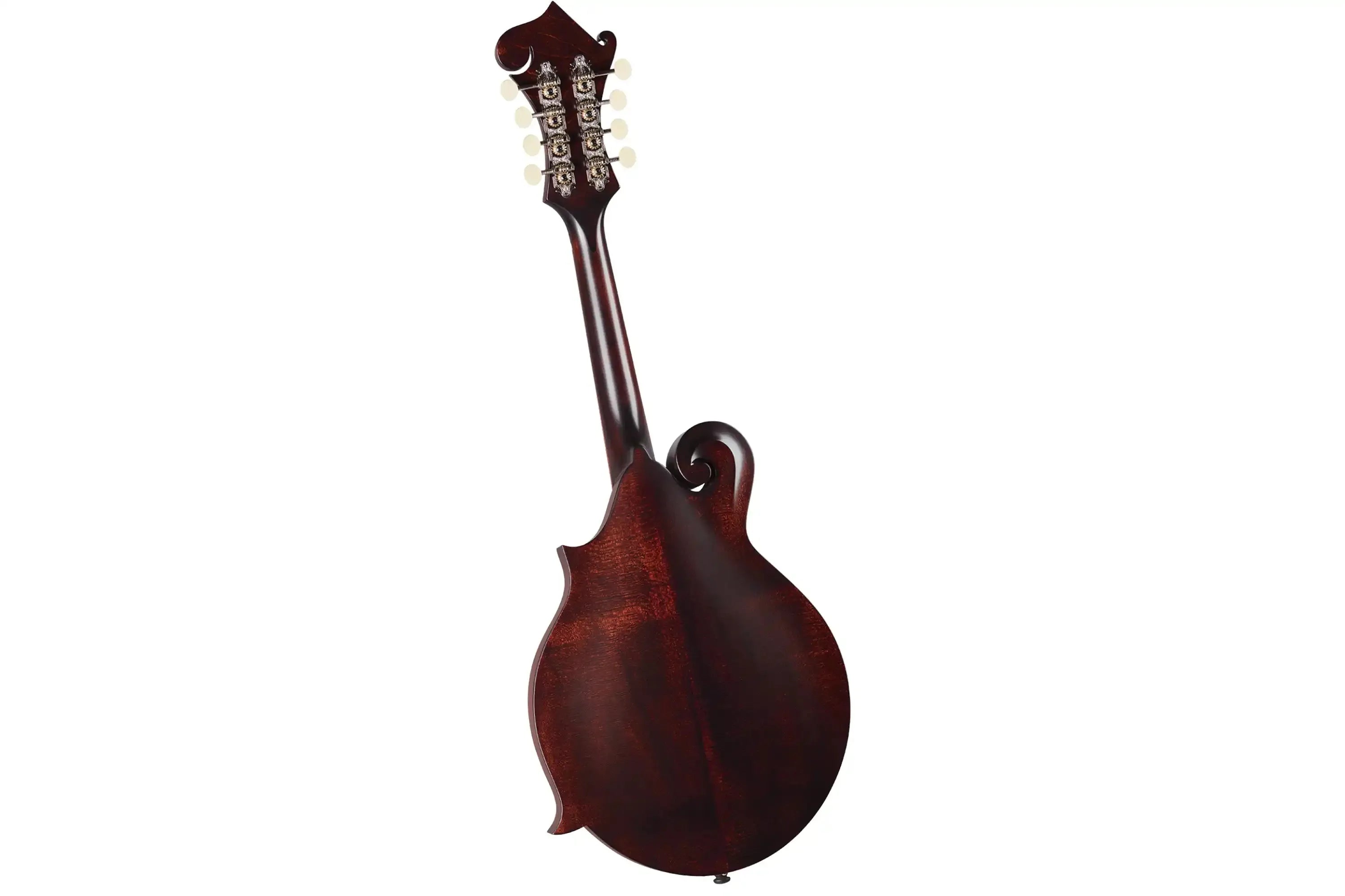 Kentucky KM-626 F-Model mandolin, back view, satin brown finish, scroll, and headstock with tuners.