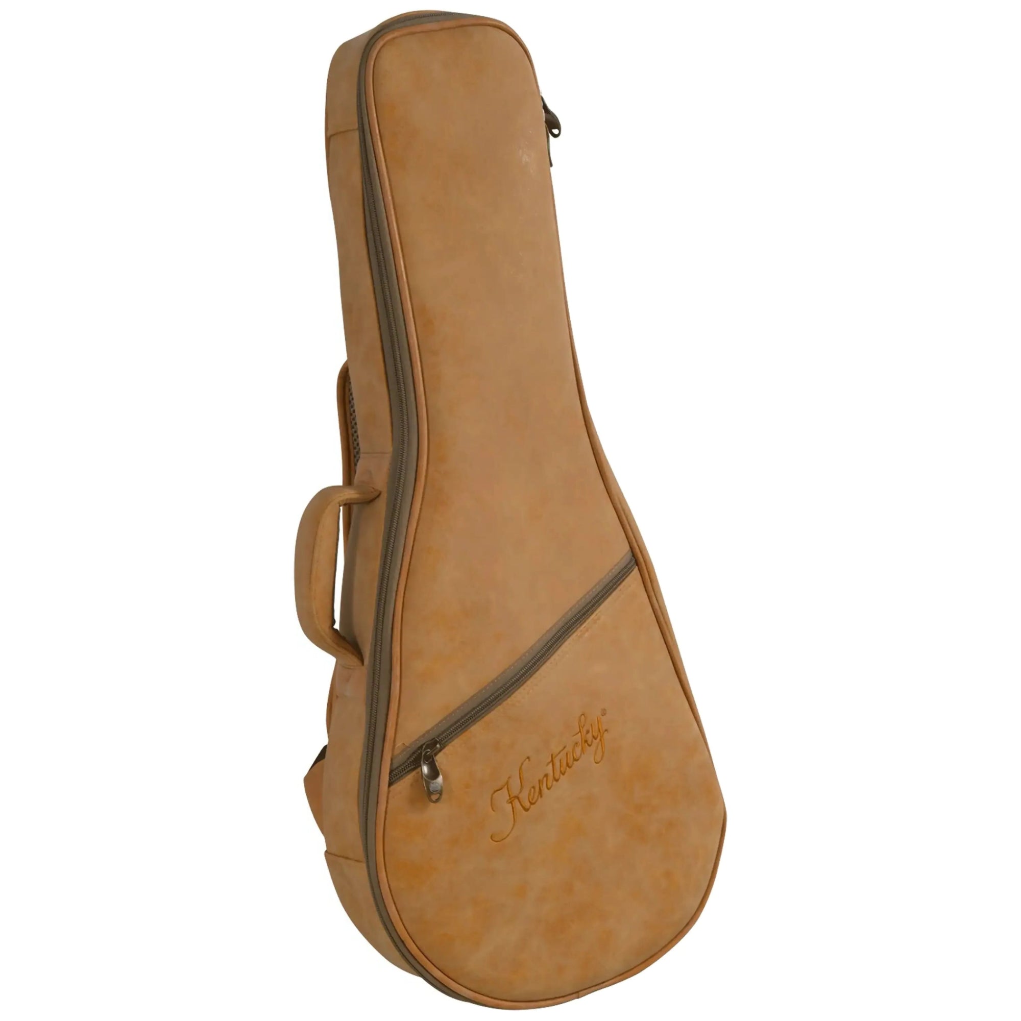 Kentucky mandolin ProTour gig bag in tan with "Kentucky" embroidered.