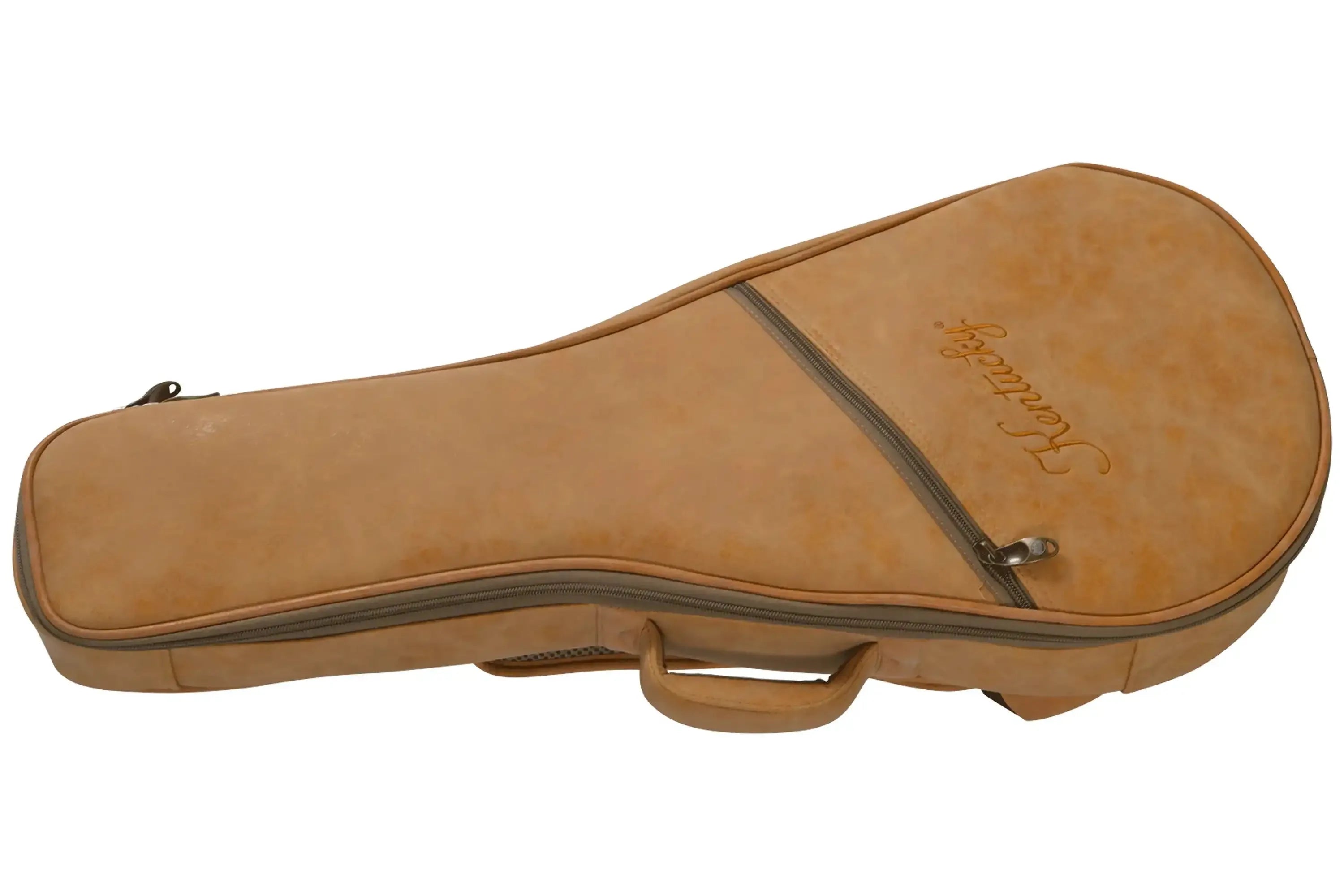 Kentucky mandolin ProTour gig bag in tan with "Kentucky" embroidered.