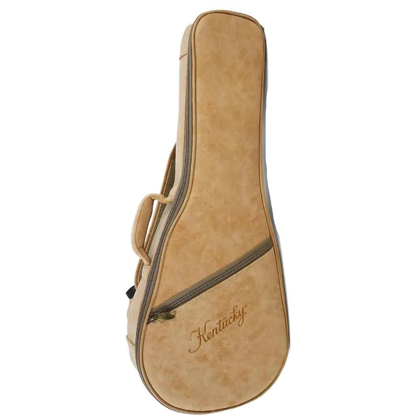 Kentucky mandolin gig bag in tan with embroidered logo and zipper pocket.