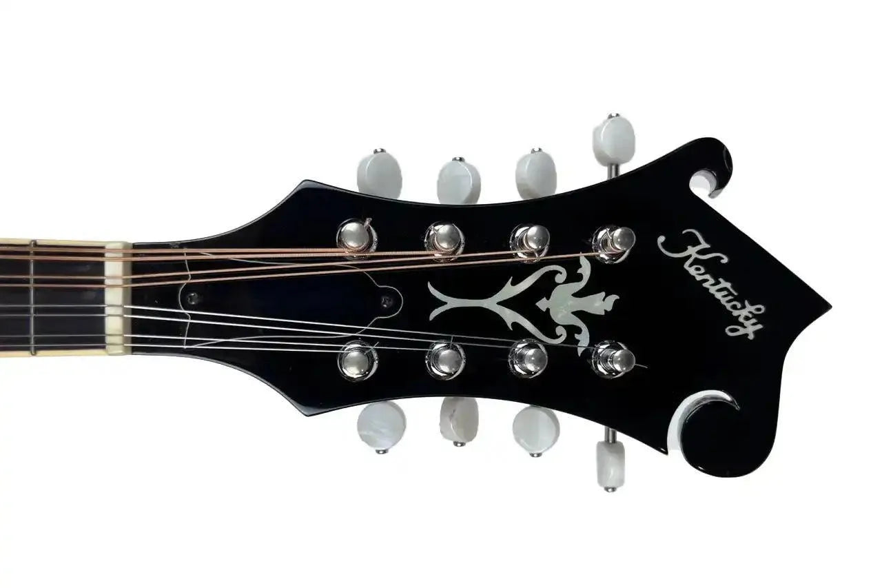 Kentucky mandolin headstock with black finish, mother-of-pearl inlays, and nickel-plated tuners.