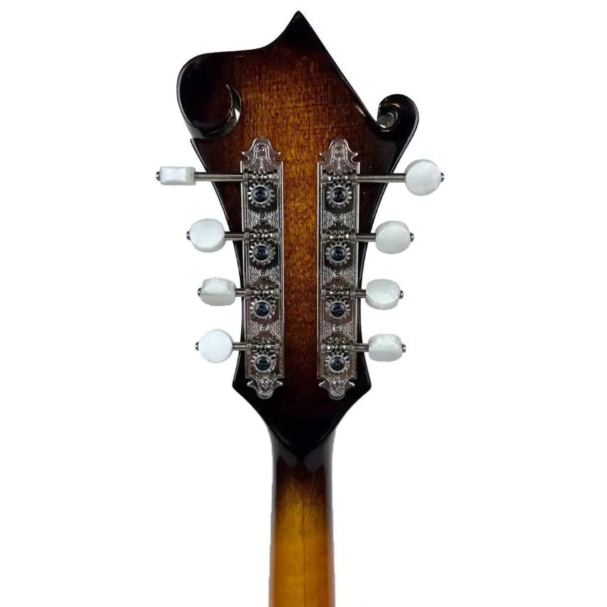 Kentucky KM-650 F-Model mandolin headstock with traditional sunburst finish, white tuners, and nickel hardware.