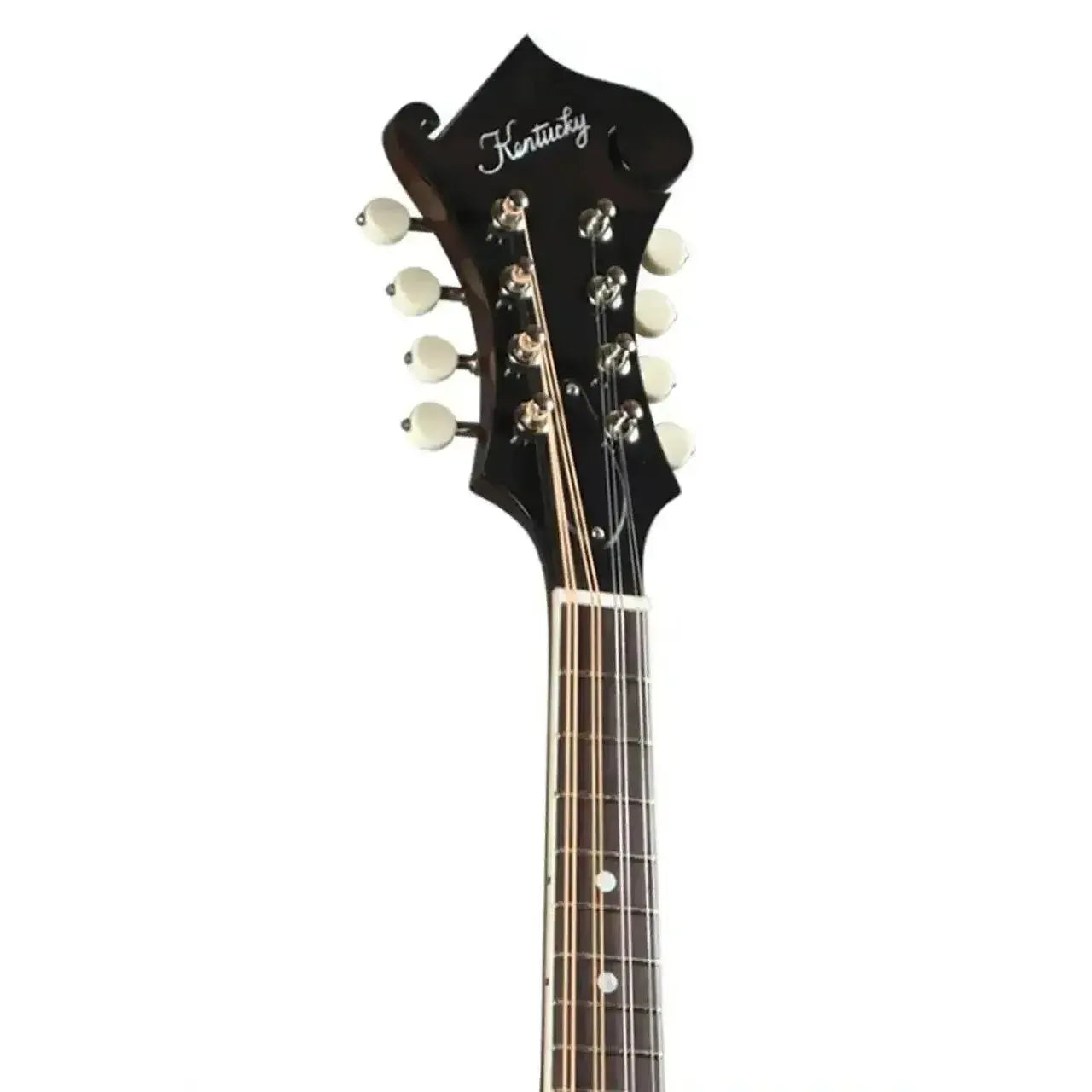 Kentucky KM-656 F-Model mandolin headstock and neck with white tuning pegs.