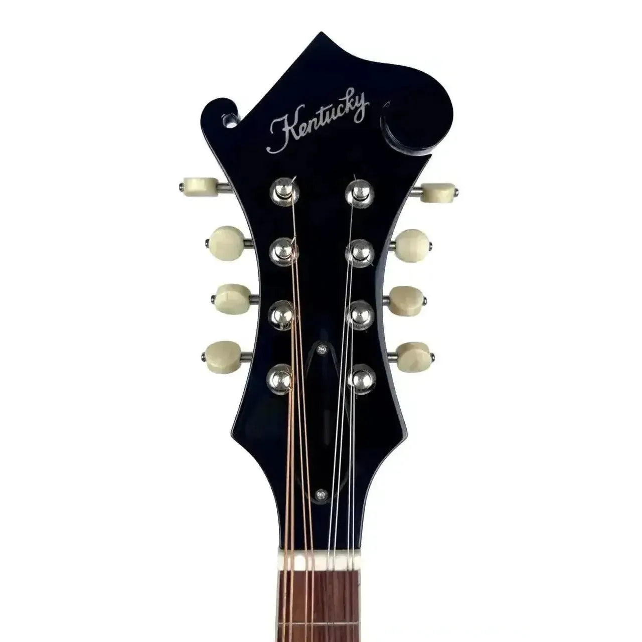 Kentucky KM-670 F-Model mandolin headstock with "Kentucky" logo, eight white-button nickel-plated tuners, and strings.