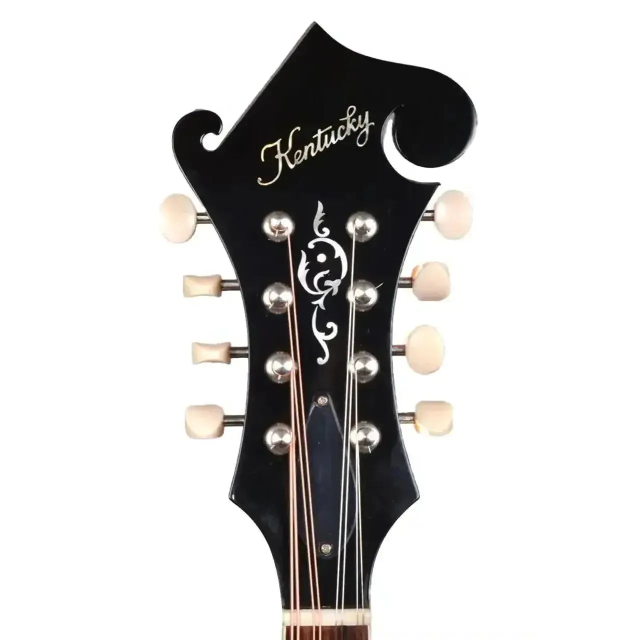 Kentucky KM-750 F-model mandolin headstock with "Kentucky" script, mother-of-pearl inlay, and tuning pegs.