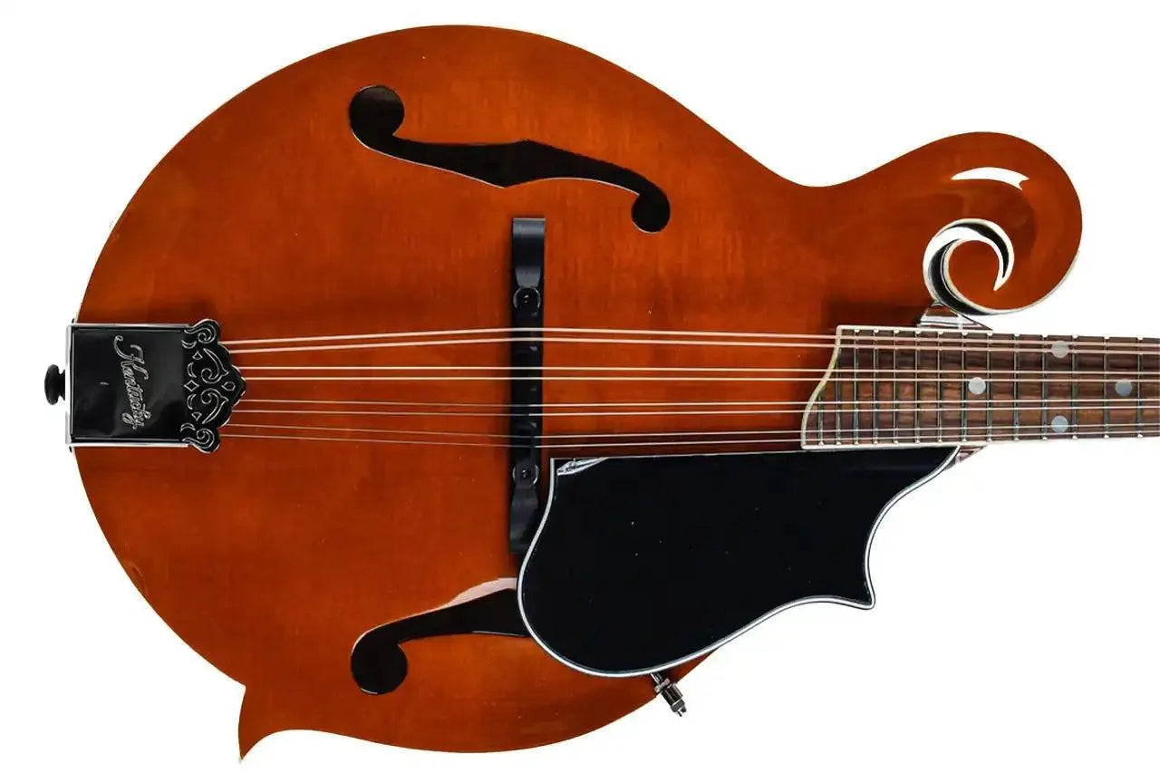 Kentucky KM-752 Amber Deluxe F-Model Mandolin with high-gloss finish, F-holes, and black pickguard.