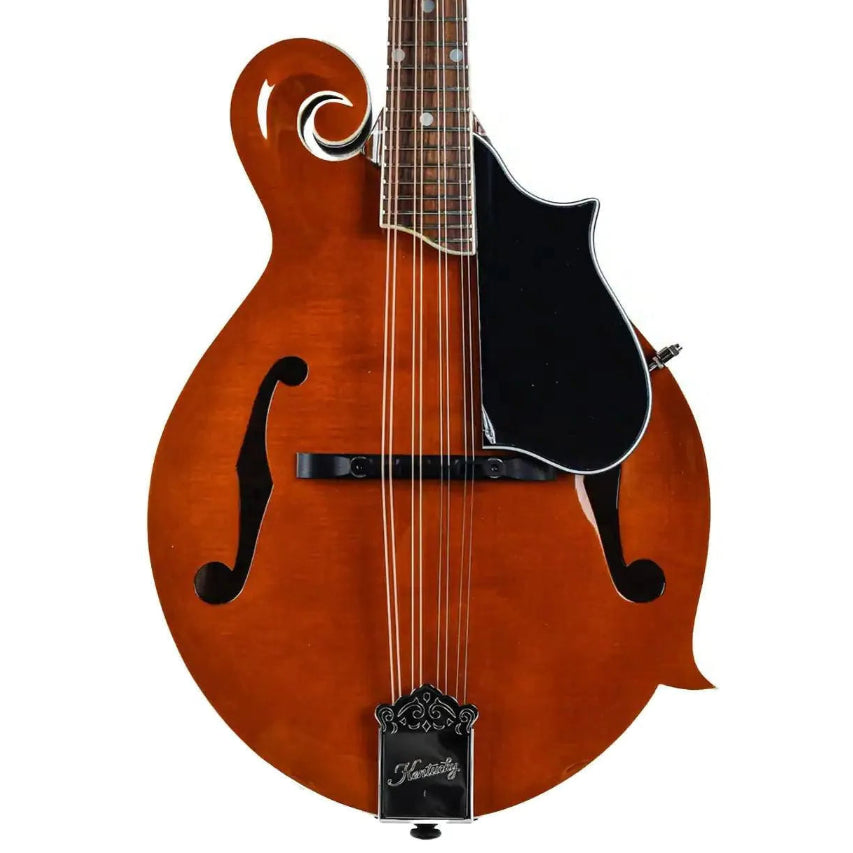 Kentucky KM-752 Amber Deluxe F-Model Mandolin with high-gloss finish, F-holes, and black pickguard.