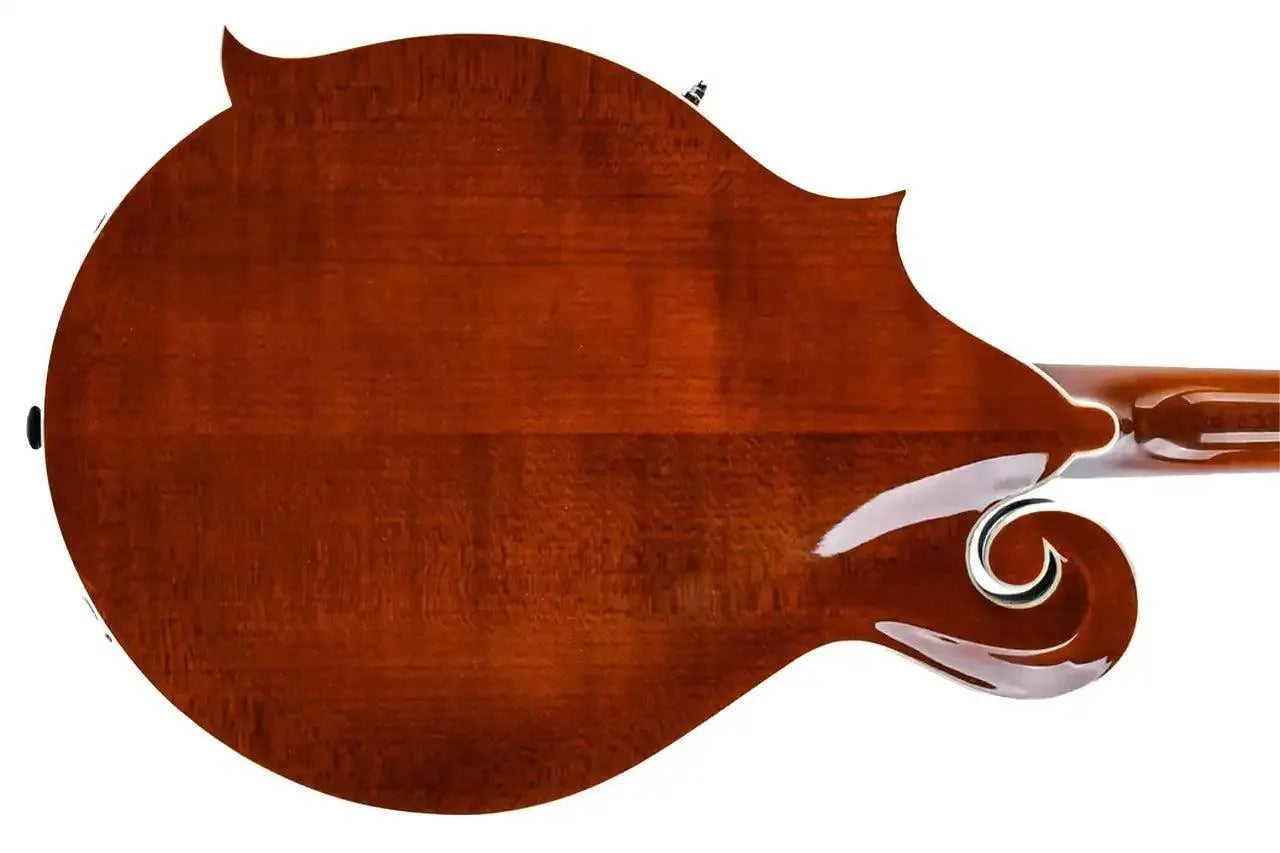 Back of Kentucky KM-752 Amber F-Model Mandolin with high-gloss Alpine maple back and neck.