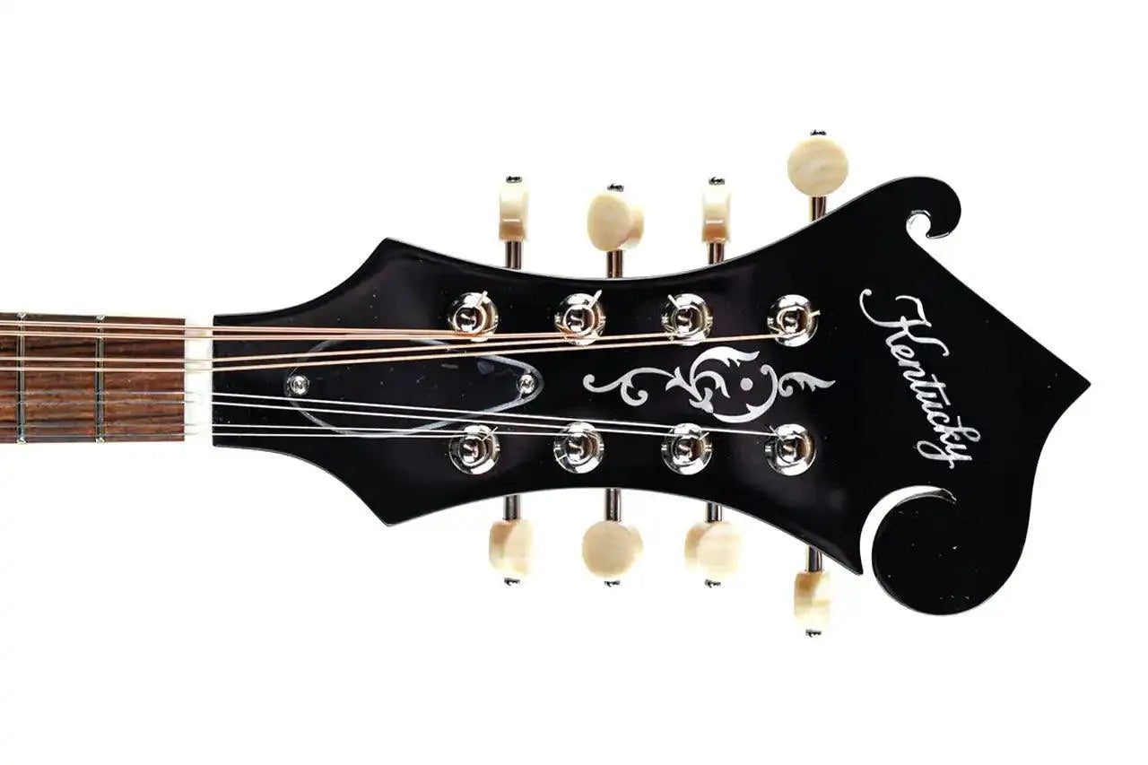 Kentucky KM-752 mandolin headstock with black finish, mother-of-pearl inlay, and cream tuning pegs.
