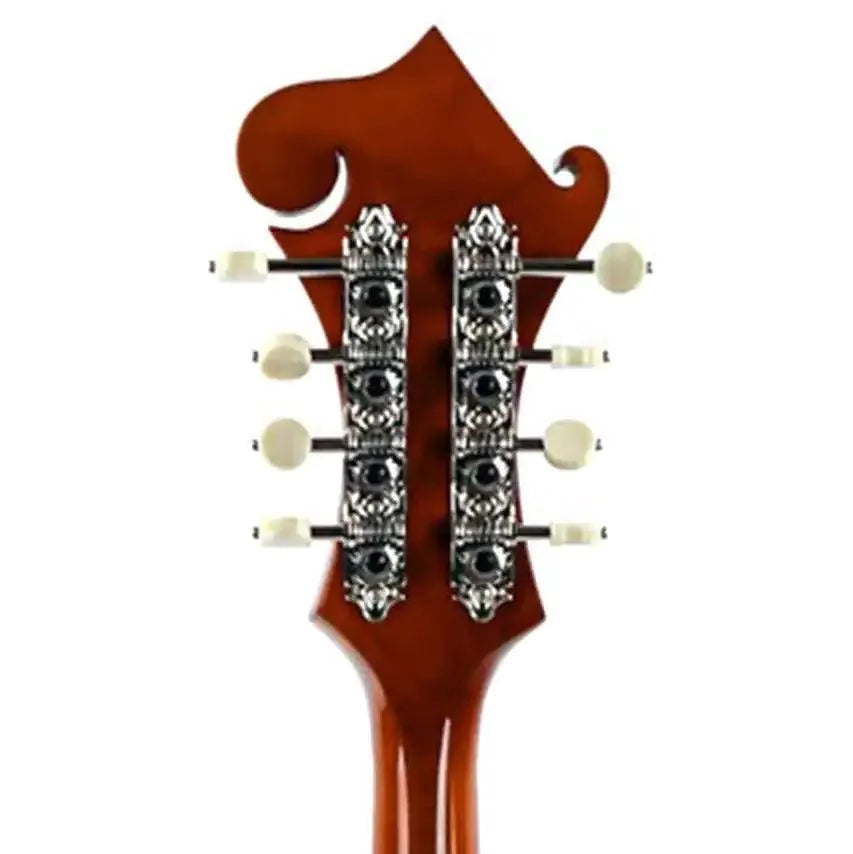 Kentucky KM-752 Amber F-Model mandolin headstock with mother-of-pearl inlay and tuning machines.