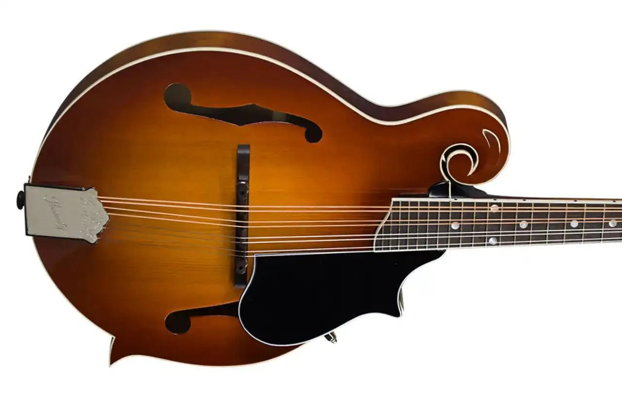 Kentucky KM-755 Amberburst F-Model Mandolin with high-gloss finish, f-holes, and rosewood fretboard.