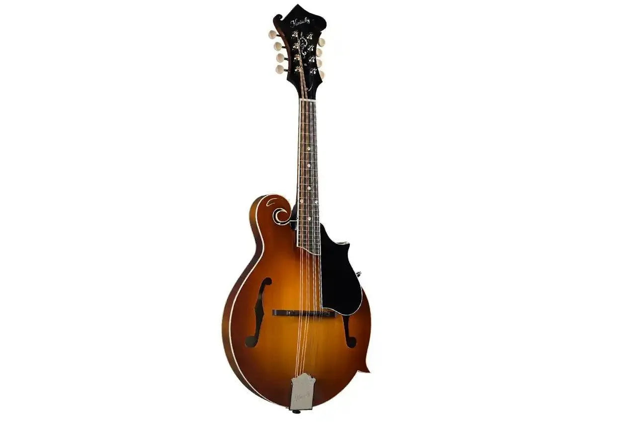 Kentucky KM-755 Amberburst F-Model Mandolin with high-gloss finish, mother-of-pearl headstock inlay.