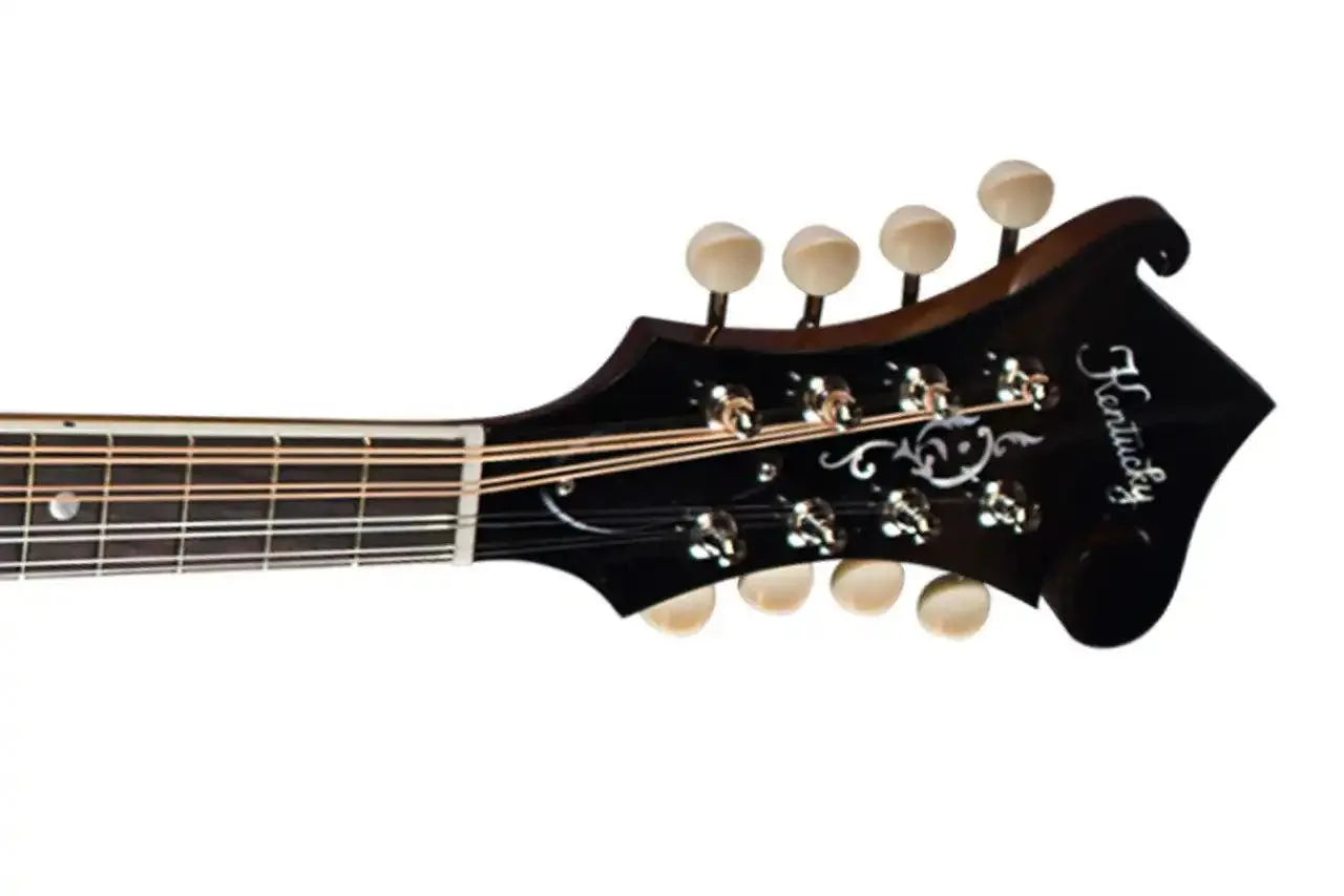 Kentucky KM-755 F-Model mandolin headstock with mother-of-pearl logo, wreath inlay, and tuning pegs.