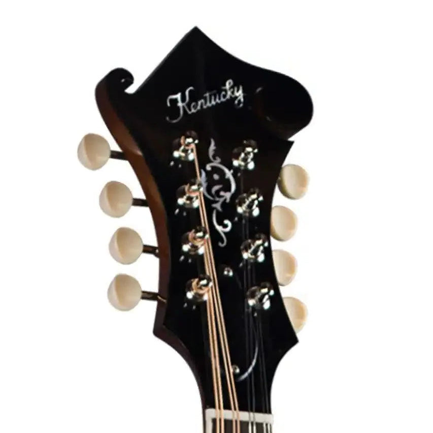 Kentucky KM-755 F-Model mandolin headstock with mother-of-pearl logo, wreath inlay, and tuning pegs.