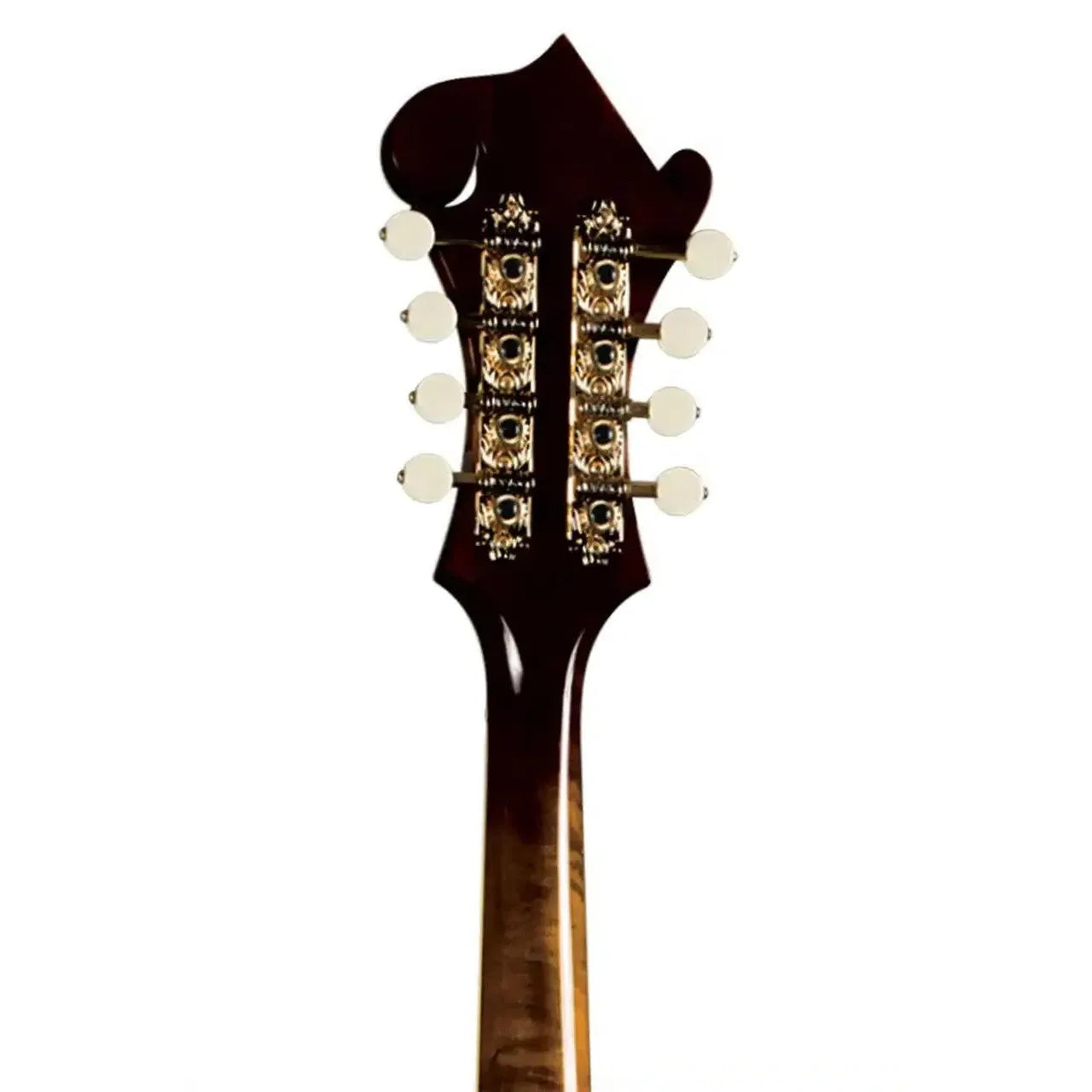 Kentucky KM-850 F-Model mandolin headstock with vintage sunburst finish and gold tuners.