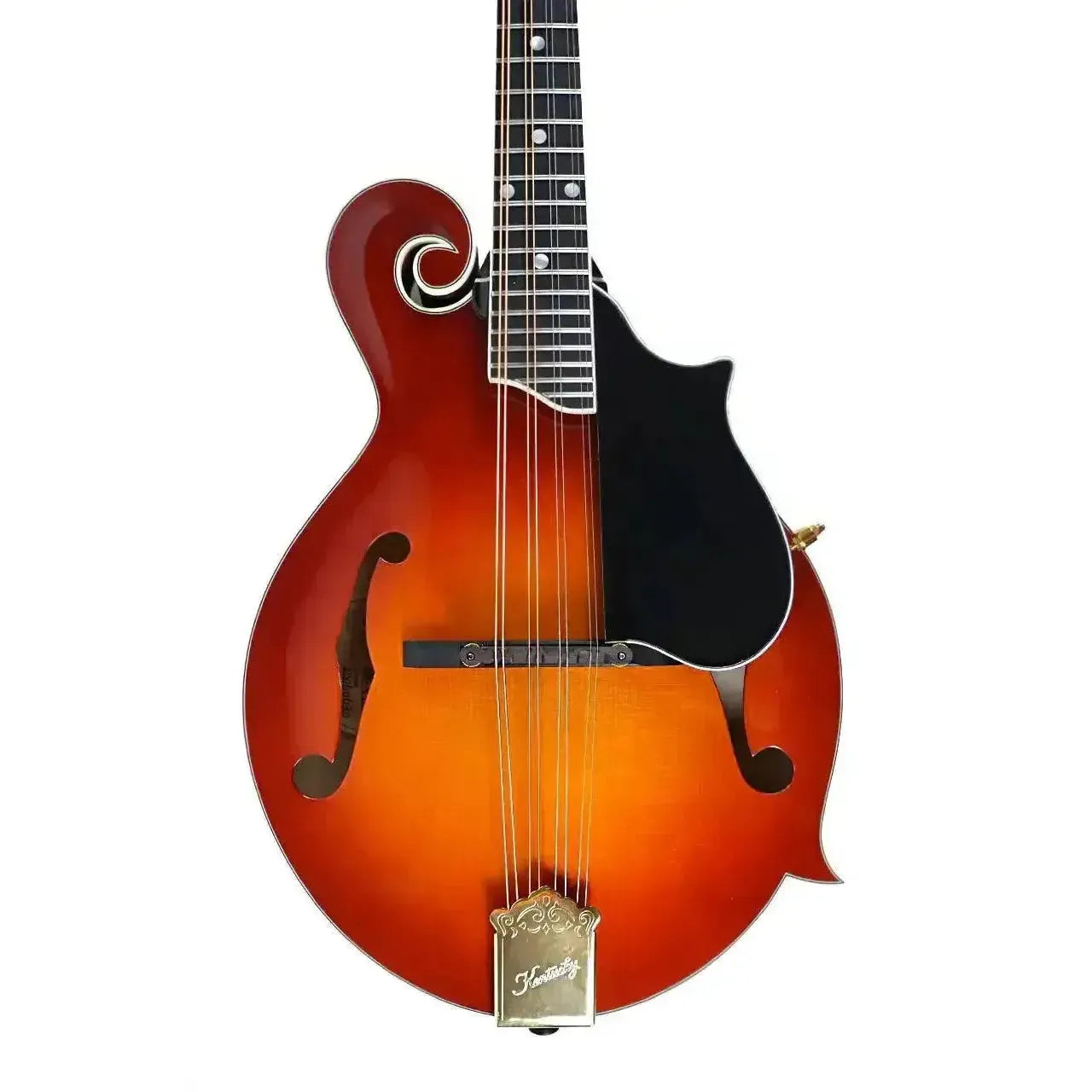 Kentucky KM-855 Amberburst F-Model Mandolin with high-gloss finish, black pickguard, and gold hardware.
