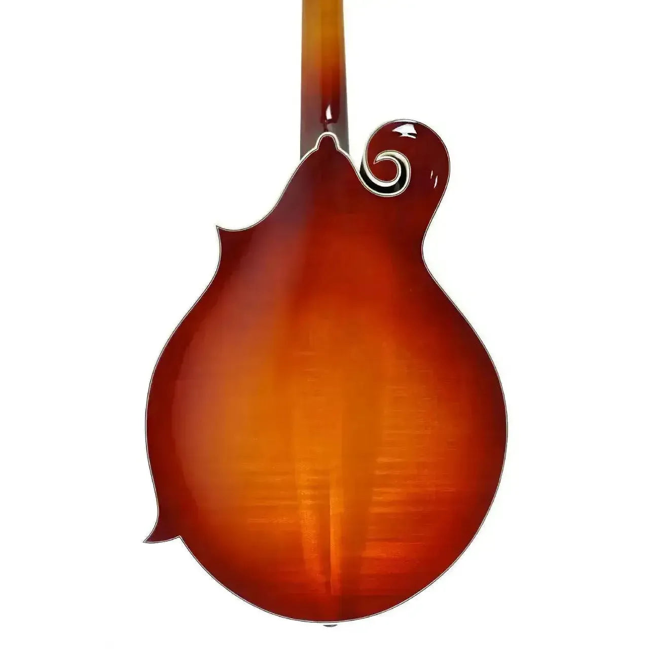 Kentucky KM-855 Amberburst F-Model Mandolin back, showing flamed Alpine maple and high-gloss finish.