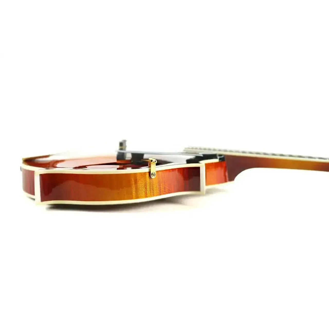 Kentucky KM-855 Amberburst F-Model Mandolin side view, showing flamed maple and multi-ply binding.
