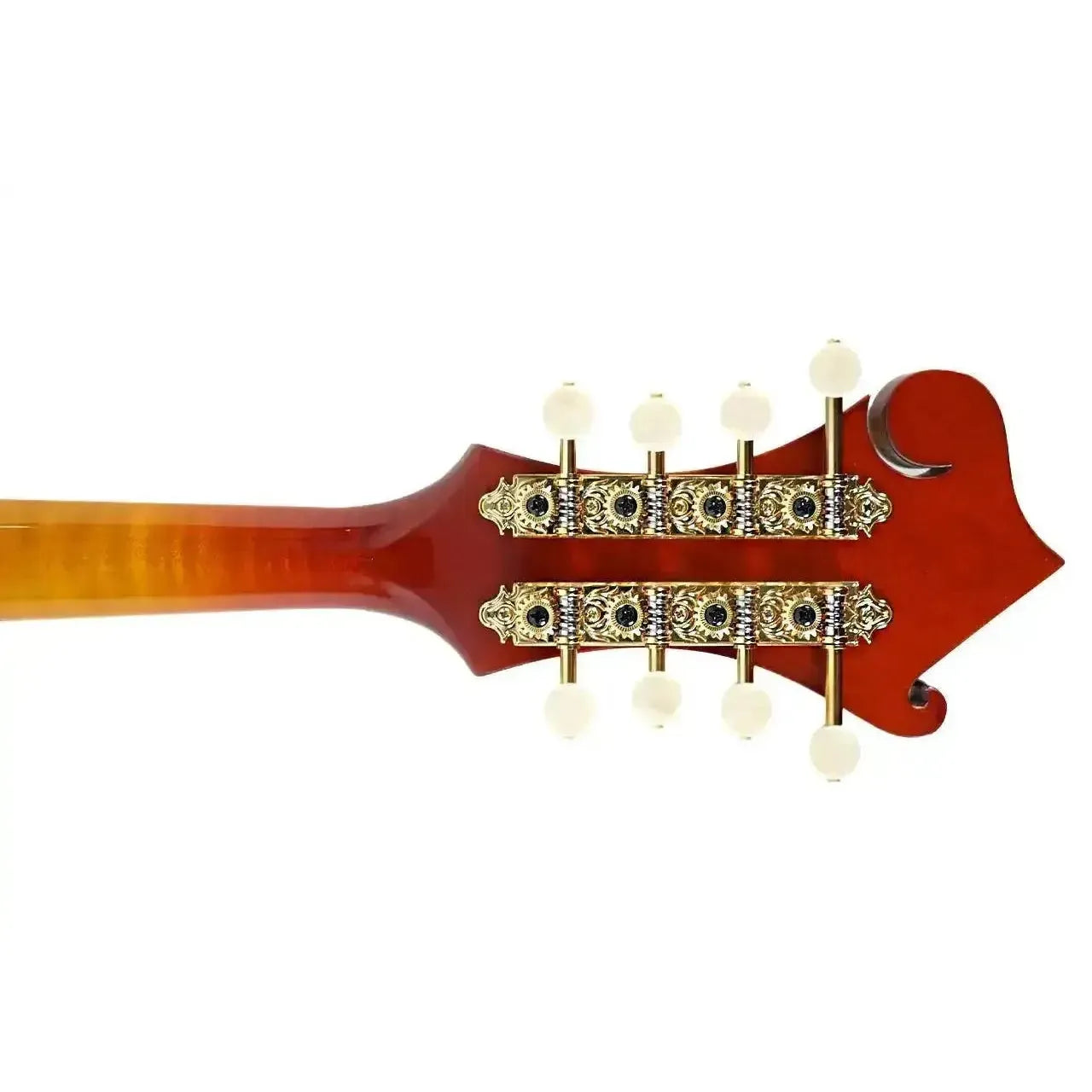 Kentucky KM-855 Amberburst F-Model Mandolin headstock with gold tuners and cream buttons.