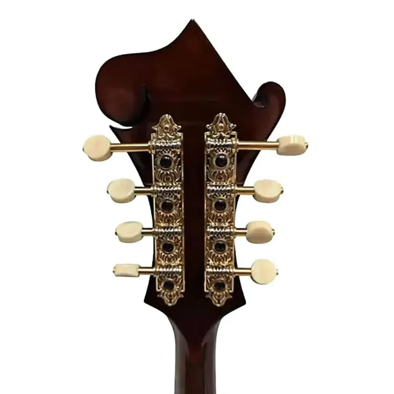 Kentucky KM-858 F-Model Mandolin headstock with ornate gold-plated tuners and cream buttons.