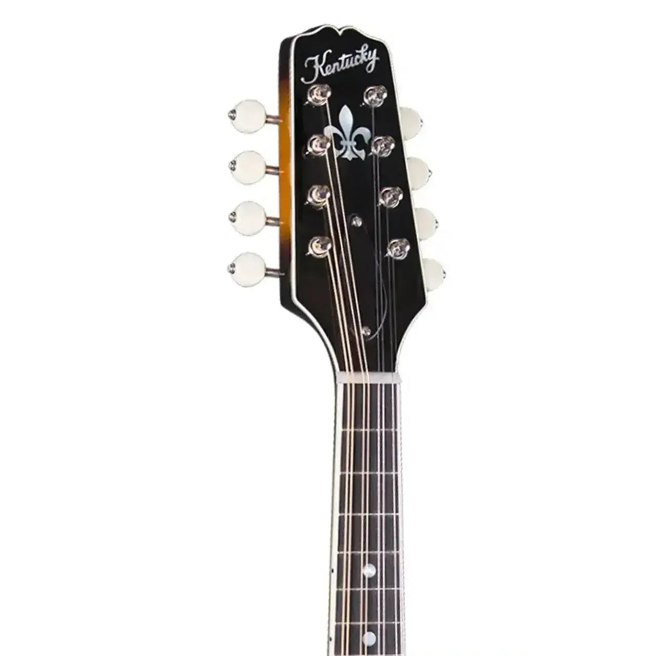 Kentucky KM-900 A-model mandolin headstock with "Kentucky" logo, fleur-de-lis inlay, and white tuning pegs.