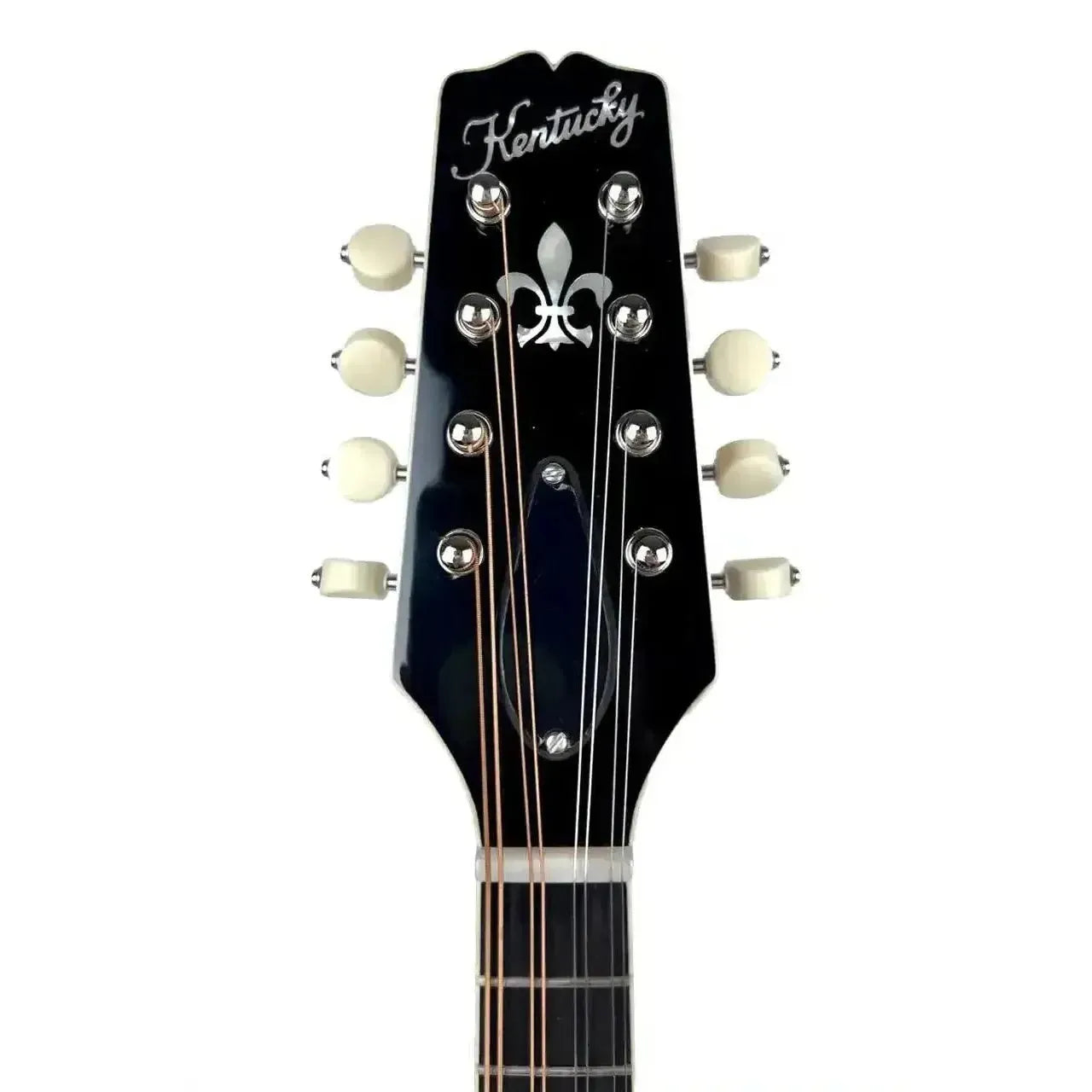 Kentucky KM-950 A-Model mandolin headstock with white pearl logo and fleur-de-lis inlay.