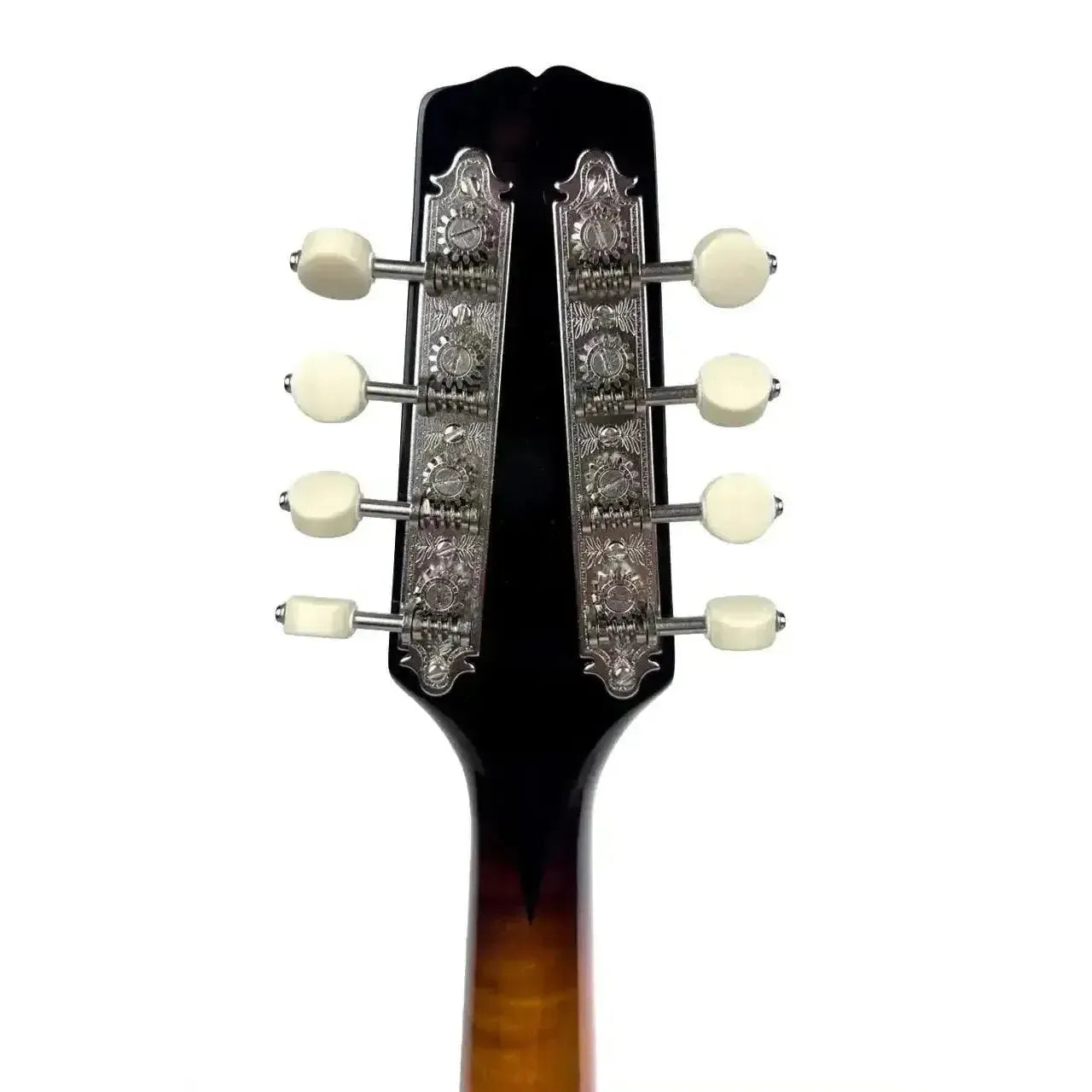 Kentucky KM-950 A-Model mandolin headstock with tobacco sunburst finish, white tuning pegs, and ornate hardware.
