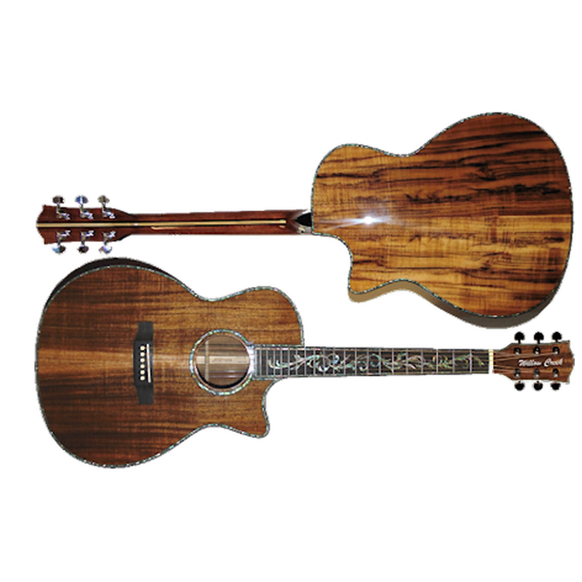 Willow Creek FX-SGKKY Koa Elite cutaway grand auditorium guitar, front and back both in figured koa with abalone binding.
