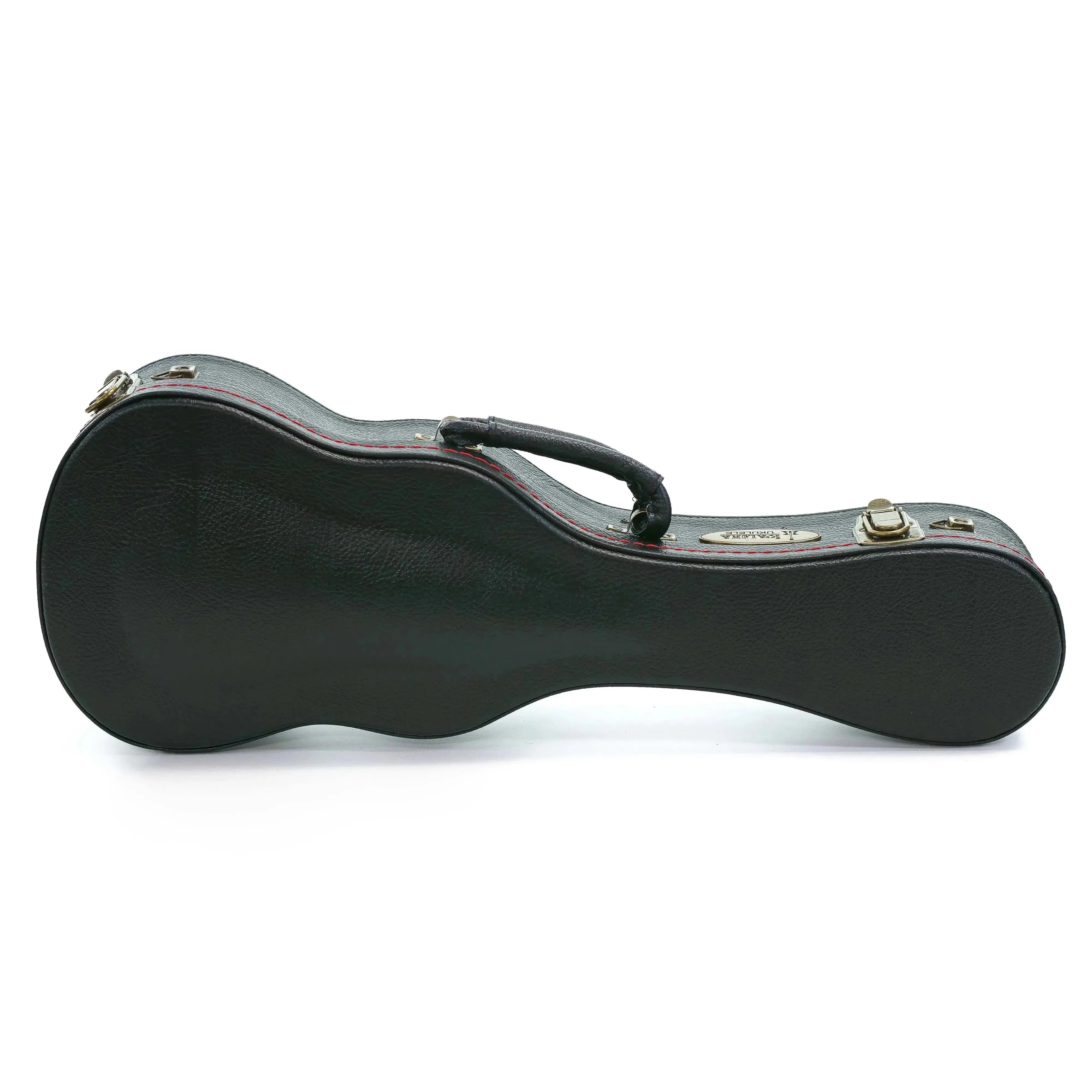 KoAloha black tolex wood archtop concert ukulele hardshell case with vintage brass latches and red stitching.