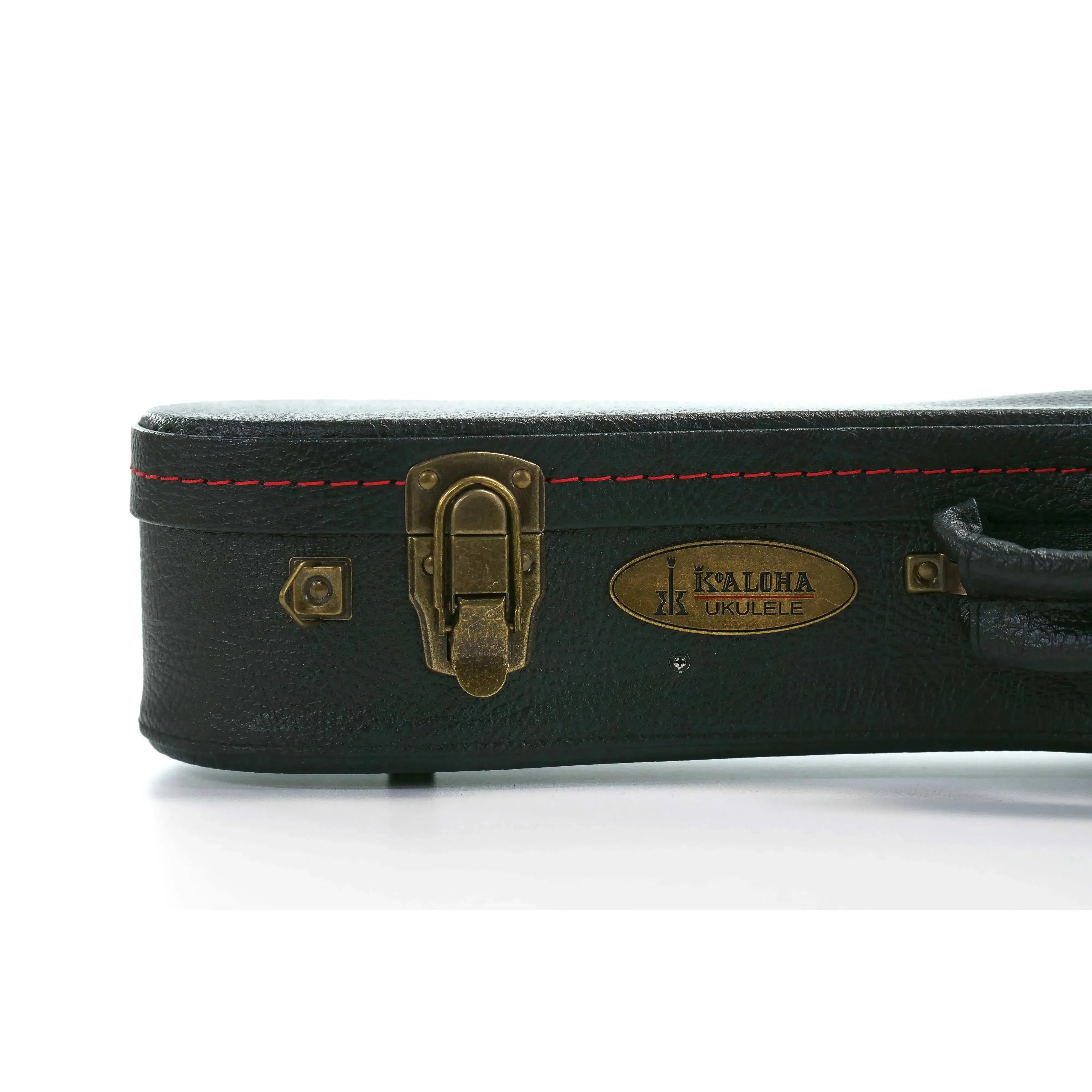 KoAloha black tolex wood archtop concert ukulele hardshell case with vintage brass latch and logo.