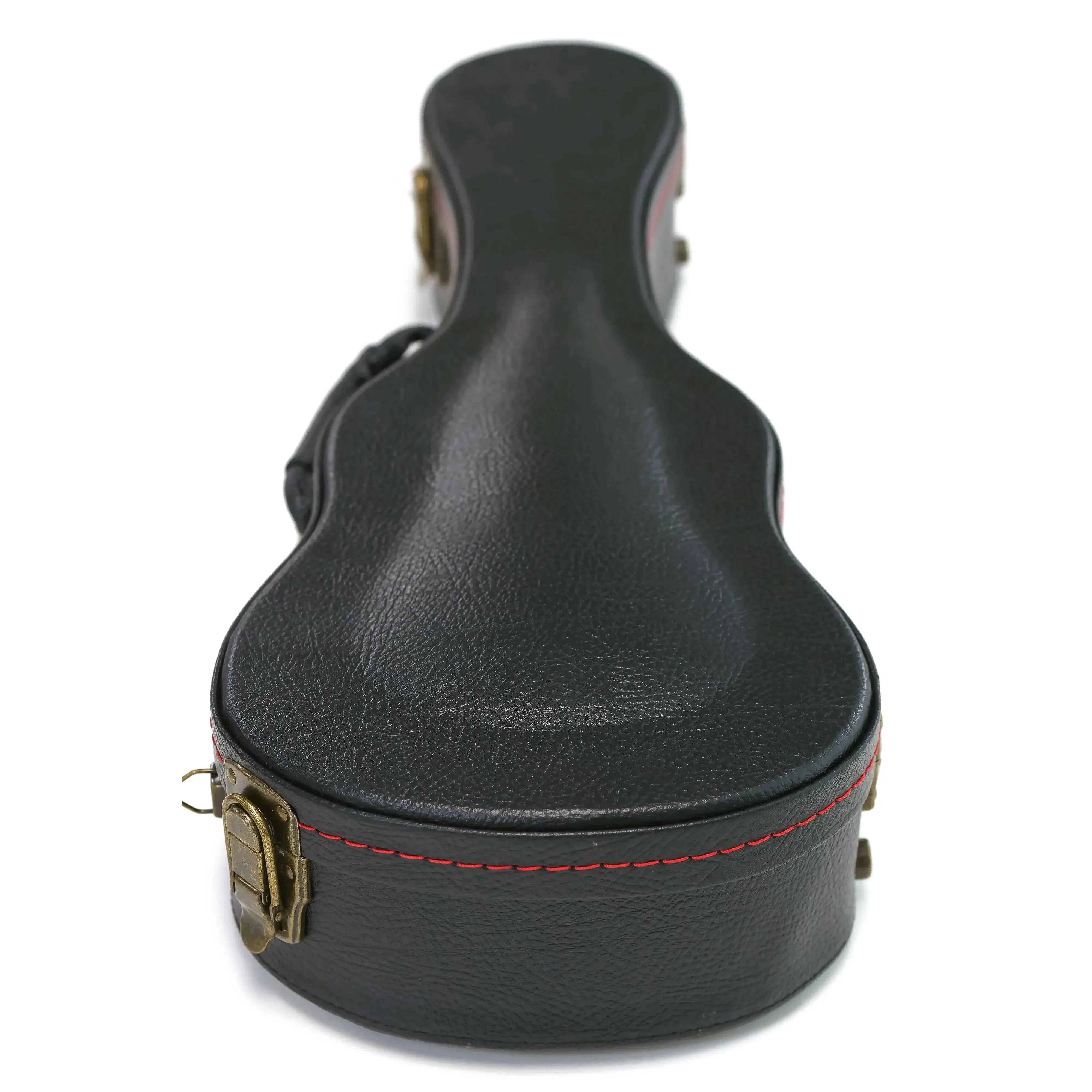 KoAloha black tolex wood archtop concert ukulele hardshell case with vintage brass latches and red stitching.
