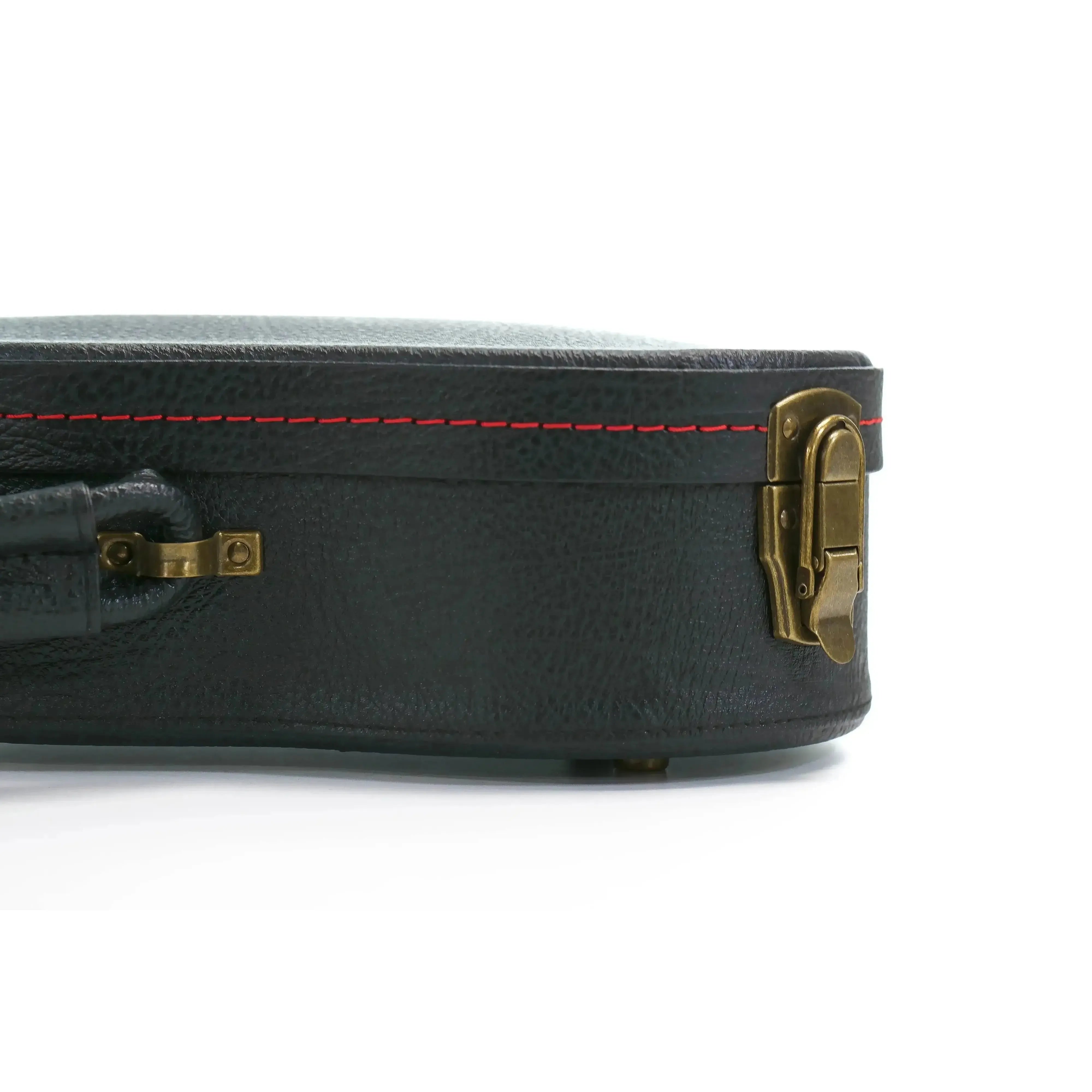 KoAloha black hardshell soprano longneck ukulele case with vintage aged brass latch and handle.