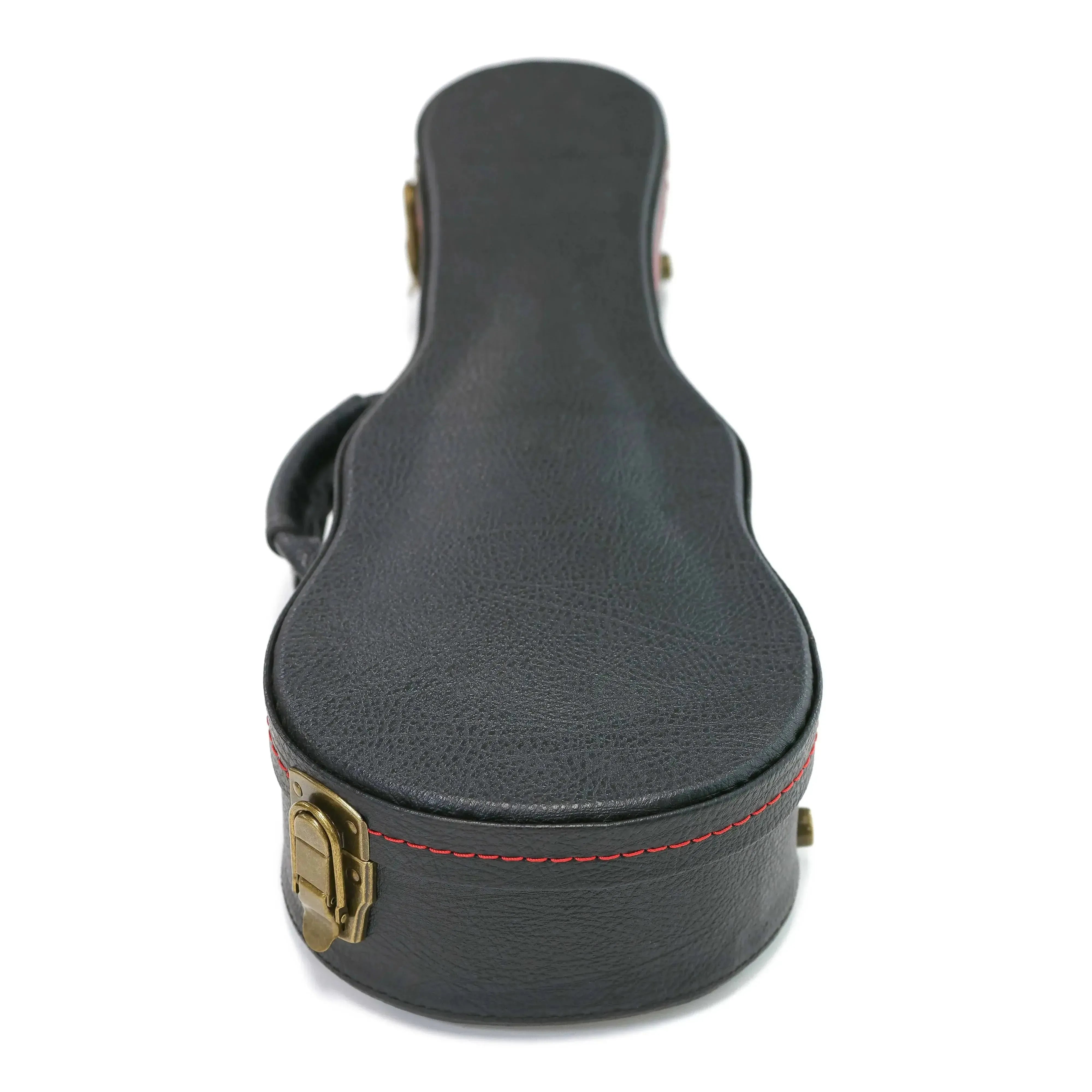 KoAloha black tolex wood hardshell soprano longneck ukulele case with brass latches.
