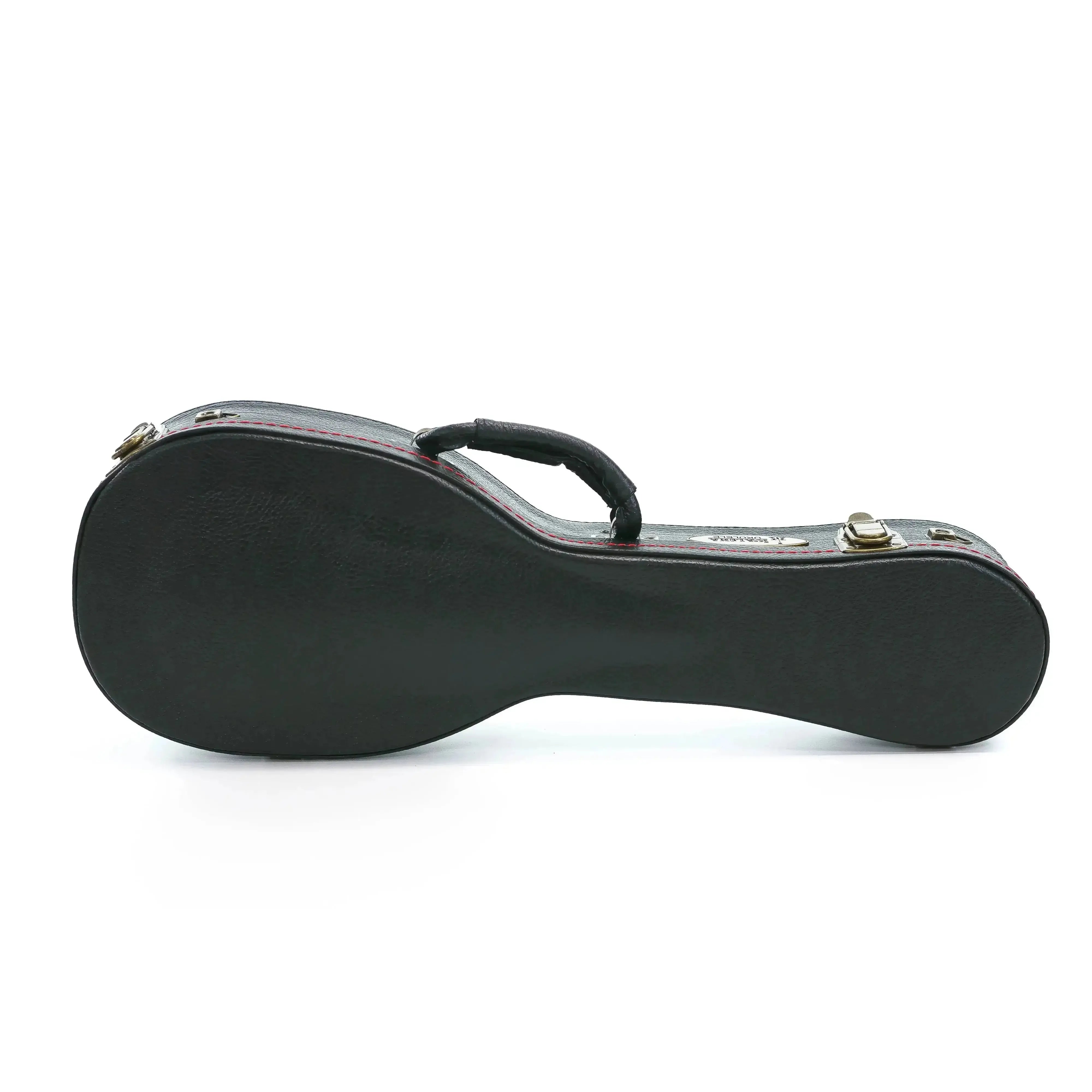 KoAloha black tolex hardshell soprano pineapple longneck ukulele case with vintage aged brass latches.